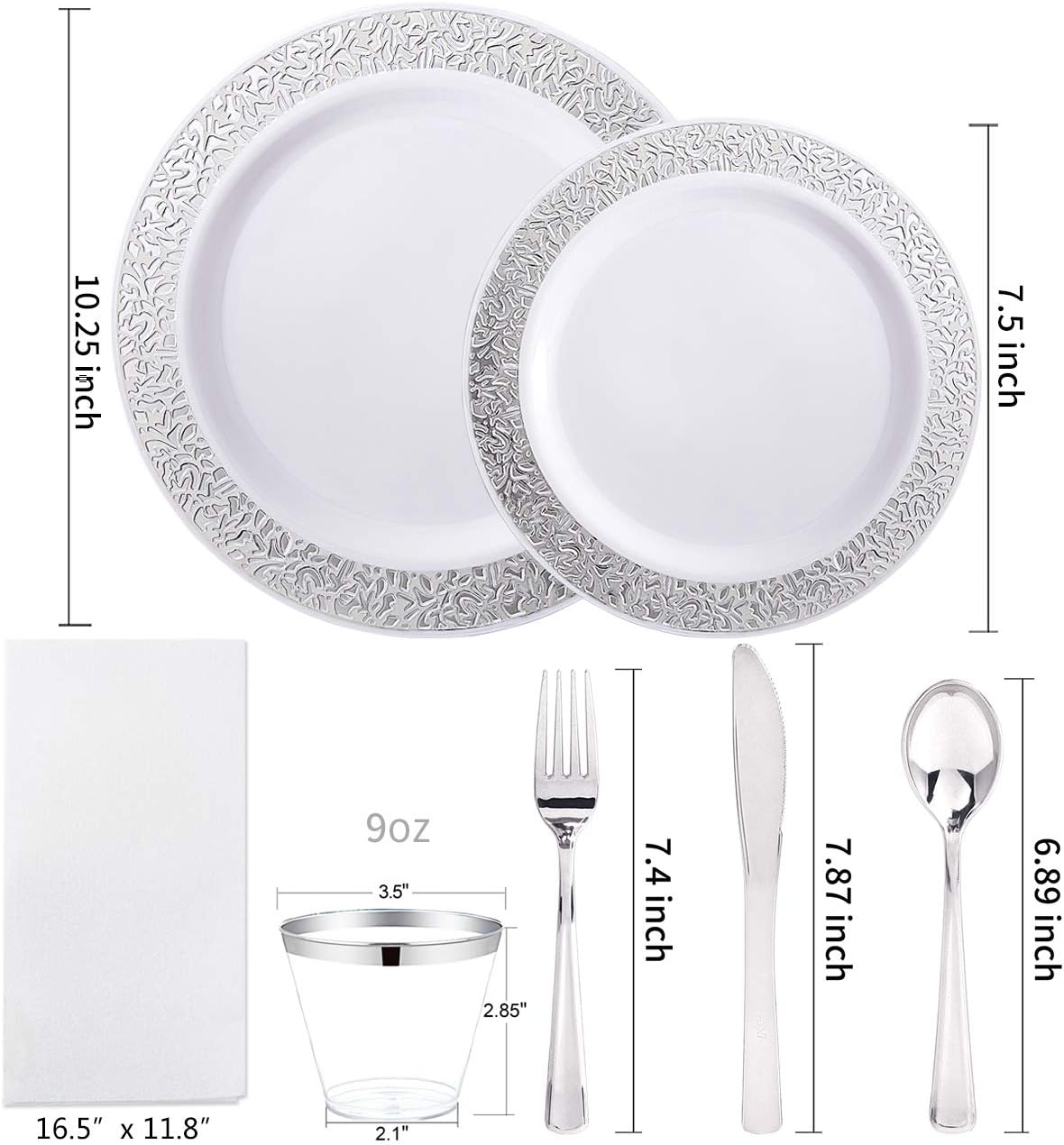 WELLIFE 350 Pieces Silver Disposable Plastic Dinnerware, Includes:50 Dinner Plates, 50 Dessert Plates, 50 Cups, 50 Pre Rolled Napkins with Silver Cutlery