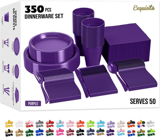 350 Pcs Purple Plastic Plates For Party, Purple Disposable Plates Set, 50 Of Each 9" Dinner Plate Set, 7" Dessert Plate, Cups, Napkins & Cutlery Plastic Dinnerware Exquisite