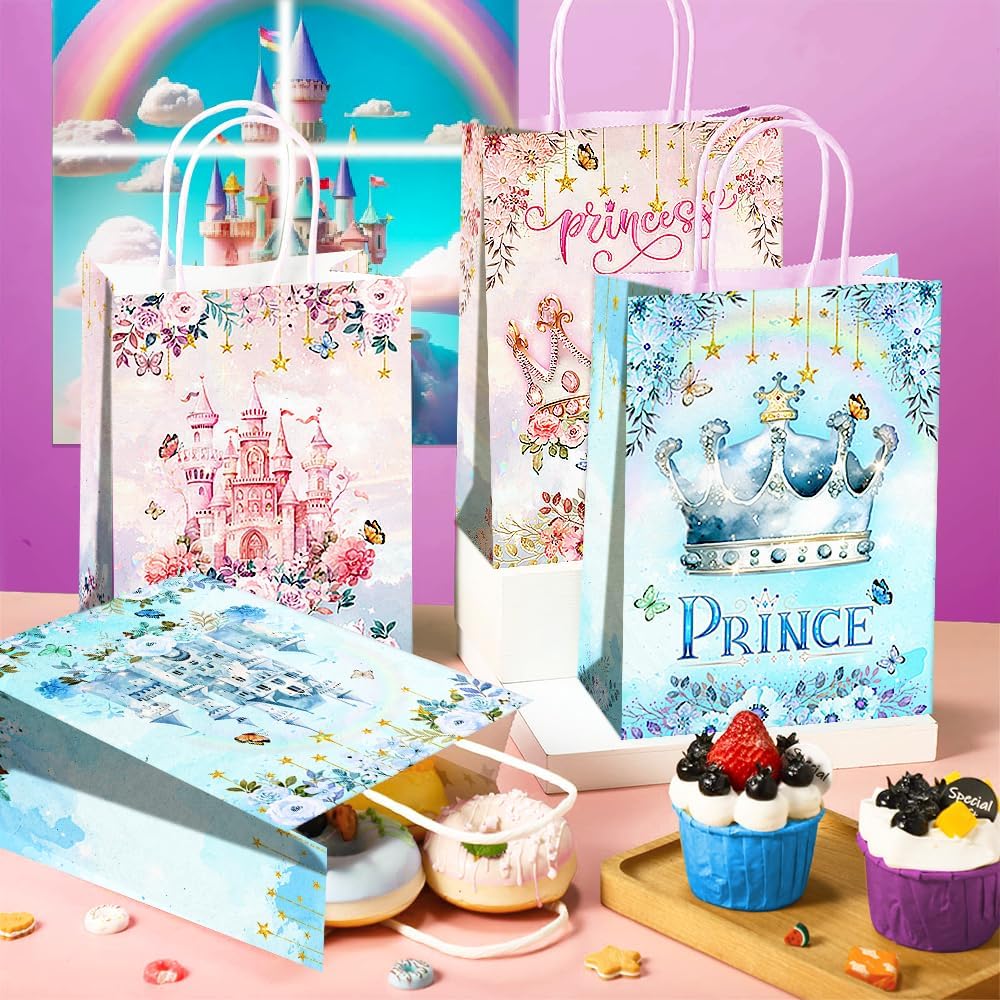 24 Pcs Princess Prince Party Favor Bags with Handles - Prince Princess Castle Goodie Gift Candy Treat Paper Bags for Birthday Gender Reveal Baby Shower Party