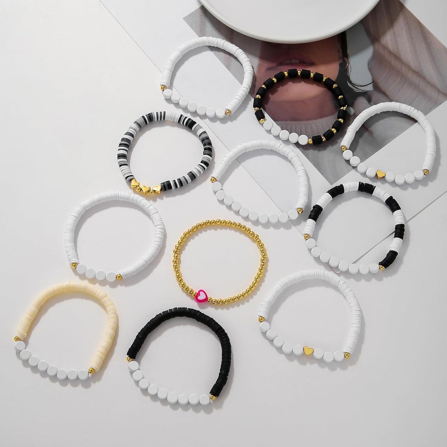 Heishi Surfer Clay Bead Bracelets Set for Women - Preppy Smile Evil Eye Beaded Stretch Bracelets Elastic Layering Friendship Bracelets- Stackable Boho Disc Summer Jewelry Set