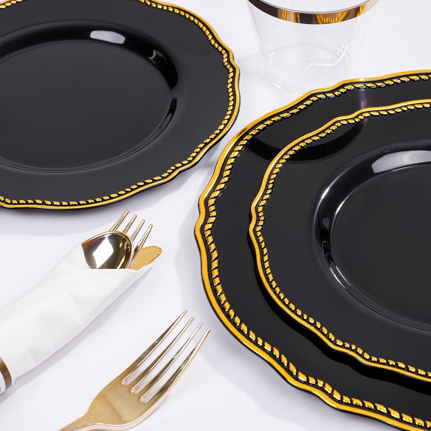Hioasis 350pcs Black and gold Plastic Plates - Gold Plastic Dinnerware Set Includes 50 Dinner Plates, 50 Dessert Dinnerware, 50 Cups, 50 Rolled Napkin Cutlery Perfect for Wedding & Halloween