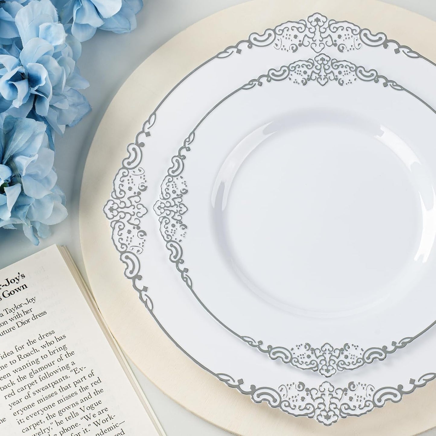 175PCS White and Silver Plastic Plates for 25 Guests, Disposable Dinnerware Sets Include 50 Plastic Plates, 25 Silverwares, 25 Cups, and 25 Pre Rolled Napkins for Party, Graduation