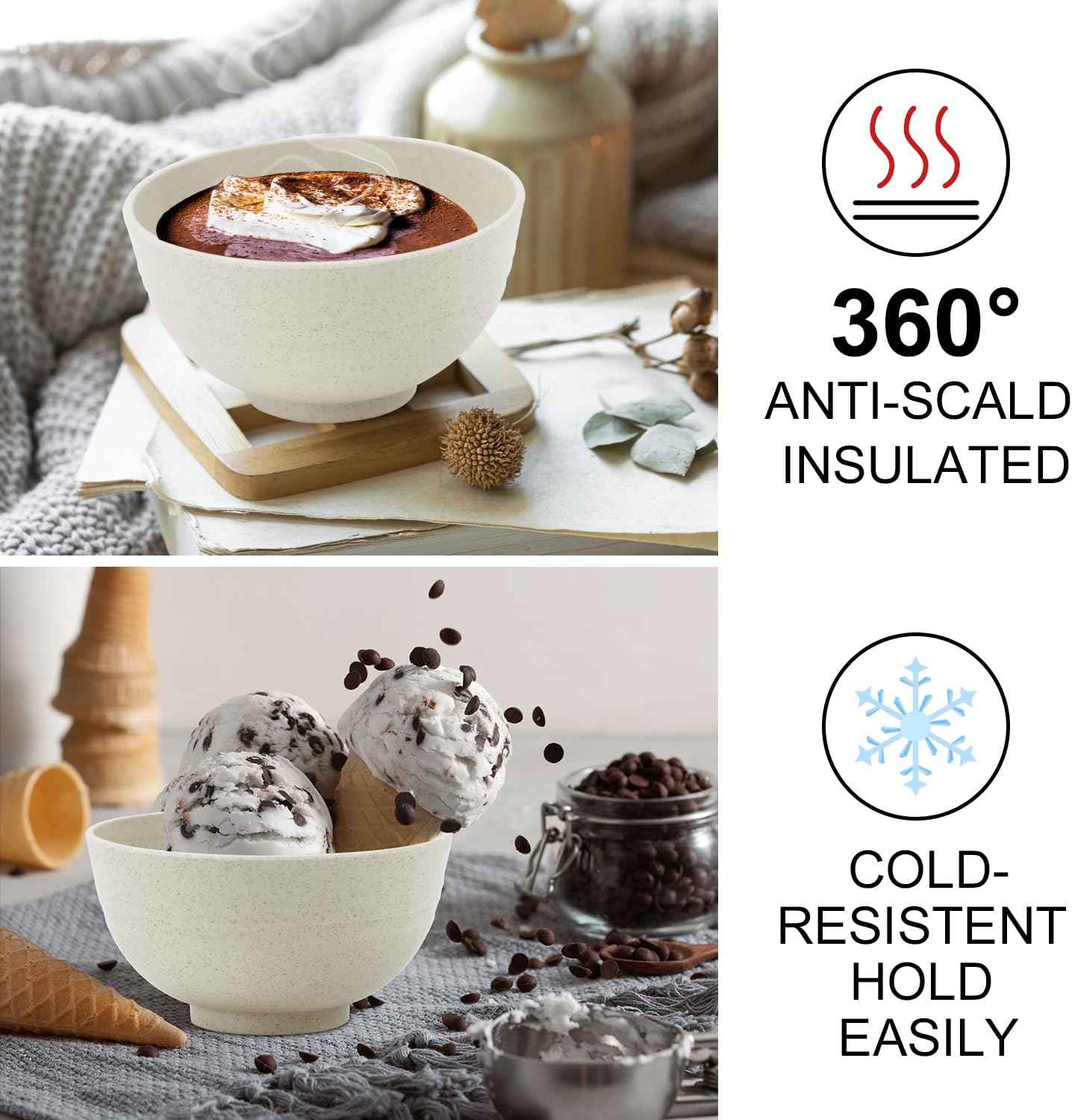 Wrova wheat straw dessert bowls 10oz set of 8 - Unbreakable snack Bowls for kids - Mini Bowls for Ice Cream,Snack and Fruits - Microwave & Dishwasher Safe Appetizer Bowl Sets - Beige