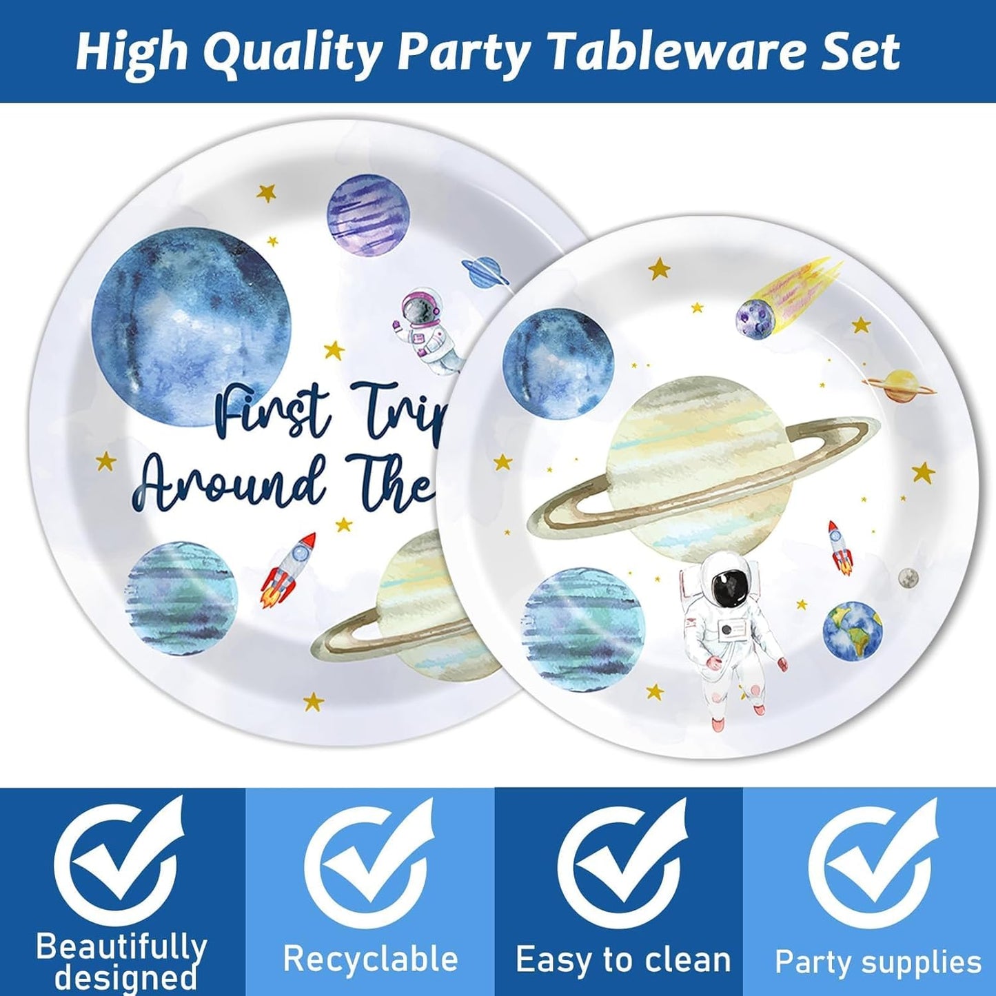 ZOIIWA 200 PCS First Trip Around the Sun Birthday Tableware Disposable 1st Space Party Supplies Outer Space Birthday Party Paper Plates Napkins Forks Baby Shower Decoration Serve 50 guest