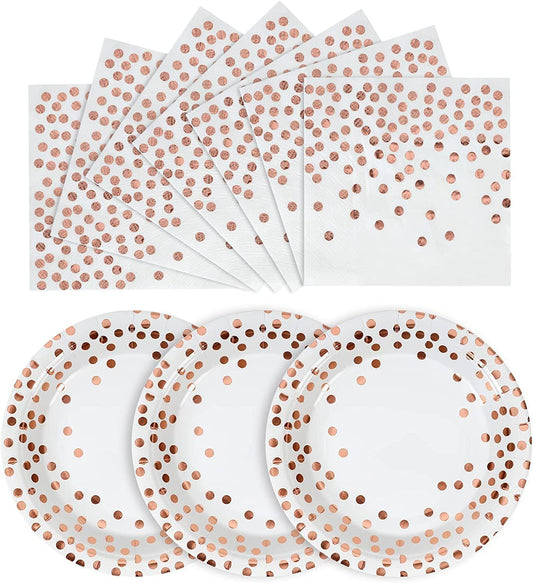 Rose and White Gold Paper Plates and Napkins-200PCS-100 x 7" Plate & 100 x 6.5"" Napkins,Disposable Rose Paper Plates and Napkins Party Supplies for Birthday,Wedding,Bridal Showers,Anniversary