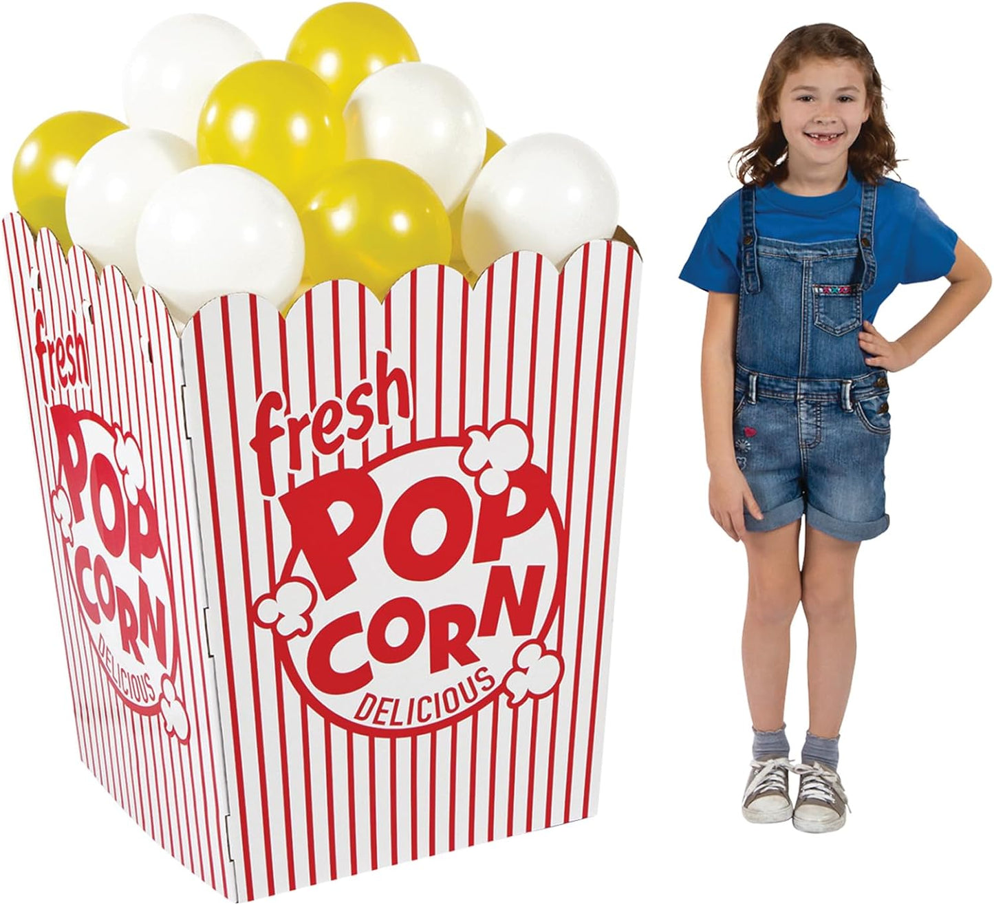 Fun Express Giant Popcorn Box Prop 3D Cardboard Stand-Up - Movie Night Decorations for Theater Party | Red & White Striped Design with Balloons | 37" Tall Movie Theme Party Supplies
