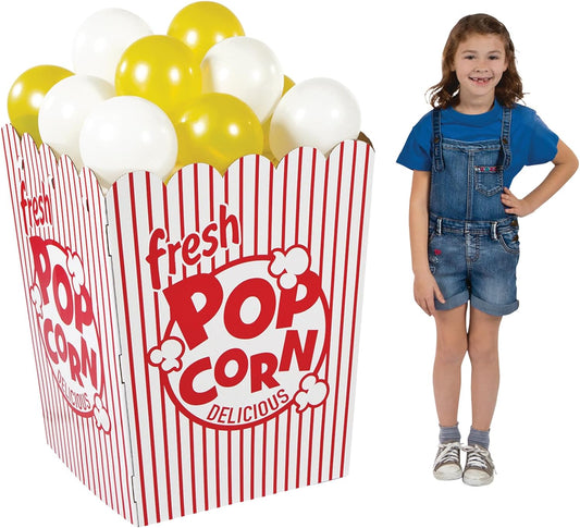 Fun Express Giant Popcorn Box Prop 3D Cardboard Stand-Up - Movie Night Decorations for Theater Party | Red & White Striped Design with Balloons | 37" Tall Movie Theme Party Supplies