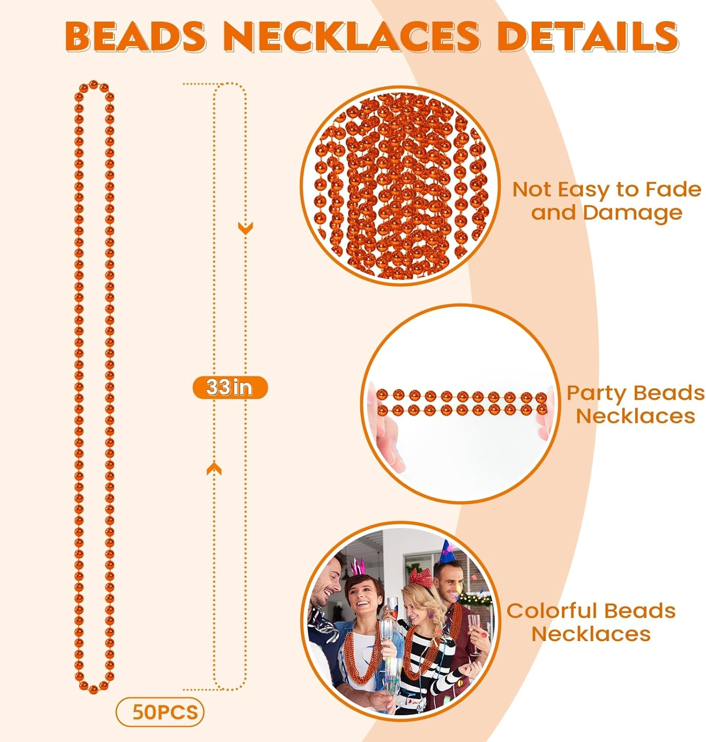 SHAOQINLIN 50 PCS Orange Bead Necklace, Orange Mardi Gras Beads, Halloween Necklaces, 33 Inch Party Beads Necklace Round Beaded Necklace for Mardi Gras, Christmas, Halloween