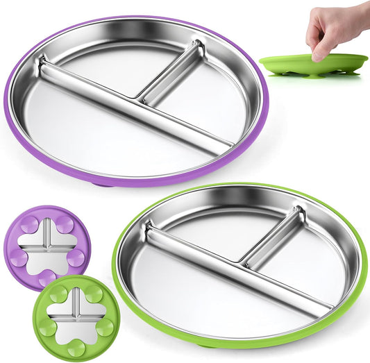 OVV Stainless Steel Kids Plates (2 Pack) – 9 Inch Toddler Divided Plates with ﻿Removable Silicone Sleeves & 5 Suction Cups Baby Self Feeding | Mess-Free Mealtime | Dishwasher Safe