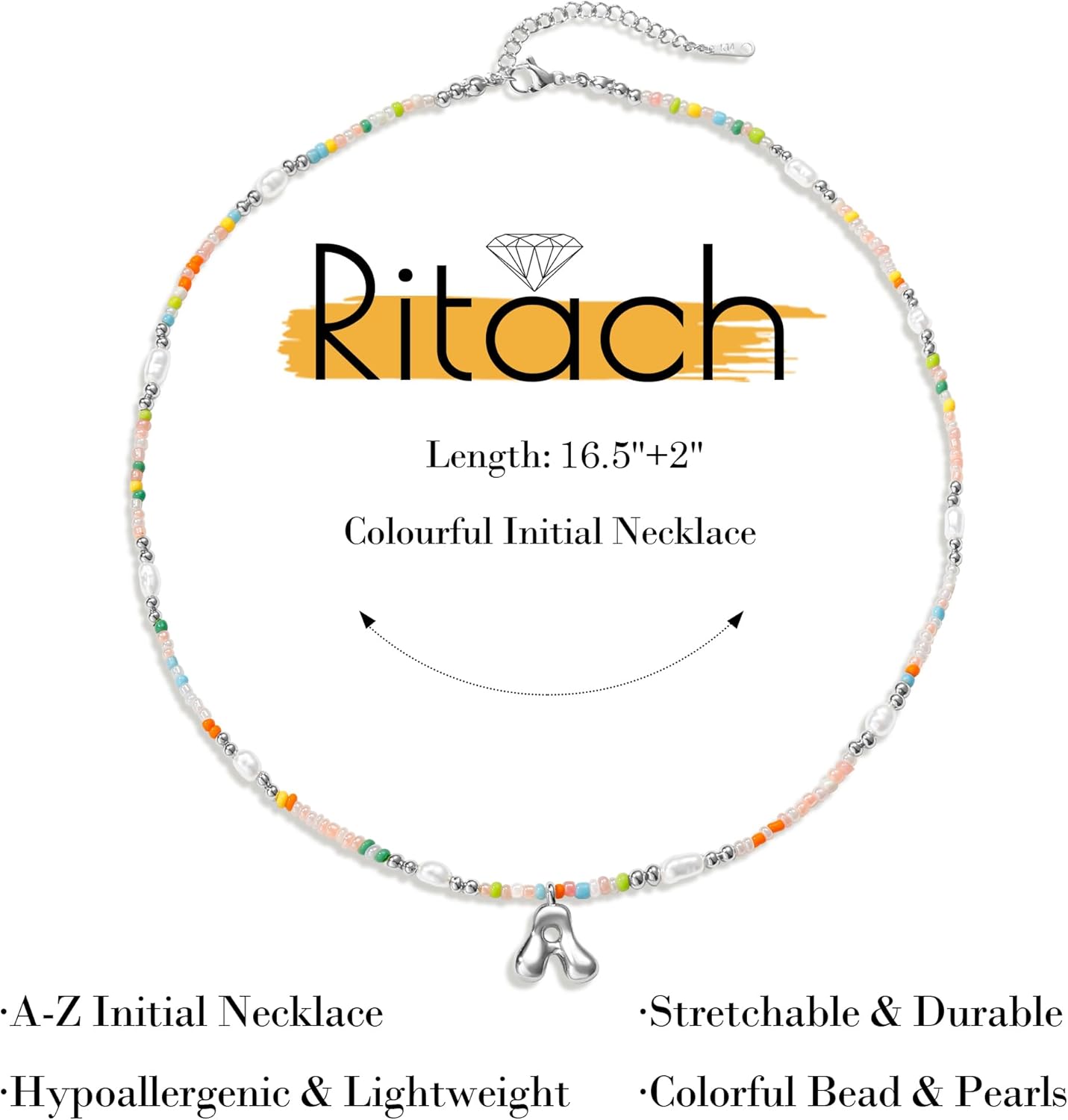 Ritach Initial Necklaces for Women Girls - Christmas Gifts for Grandkids Light Colorful Beaded Pearl Initial Necklace Gold/Silver Bubble Pendant Letter Necklace Stocking Stuffers for Teen Girls Women