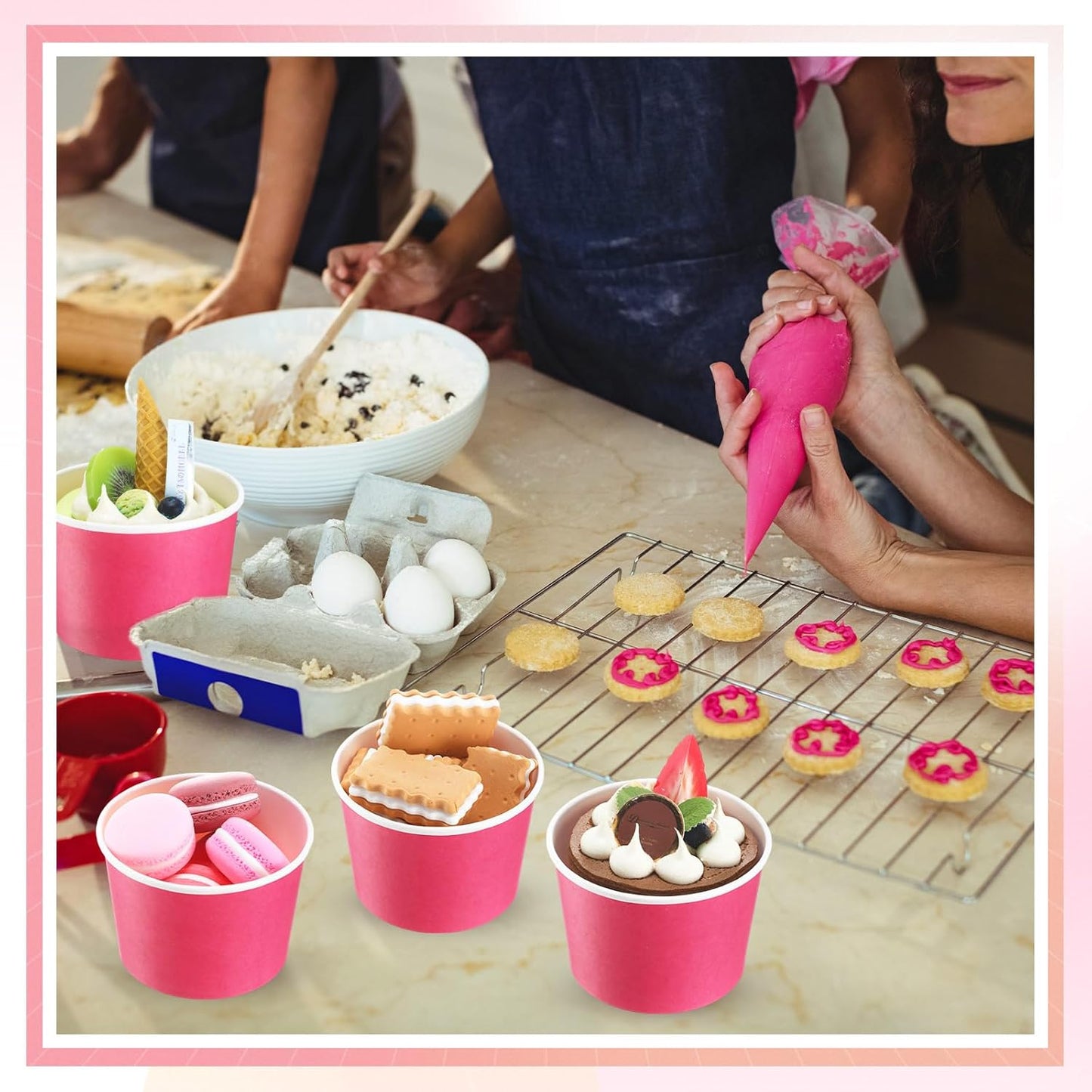 Paper Ice Cream Cups 9oz Colored Disposable Dessert Bowls for Hot or Cold Food Party Cups for Birthday Baby Shower Easter Party Supplies(Hot Pink,60 Pcs)