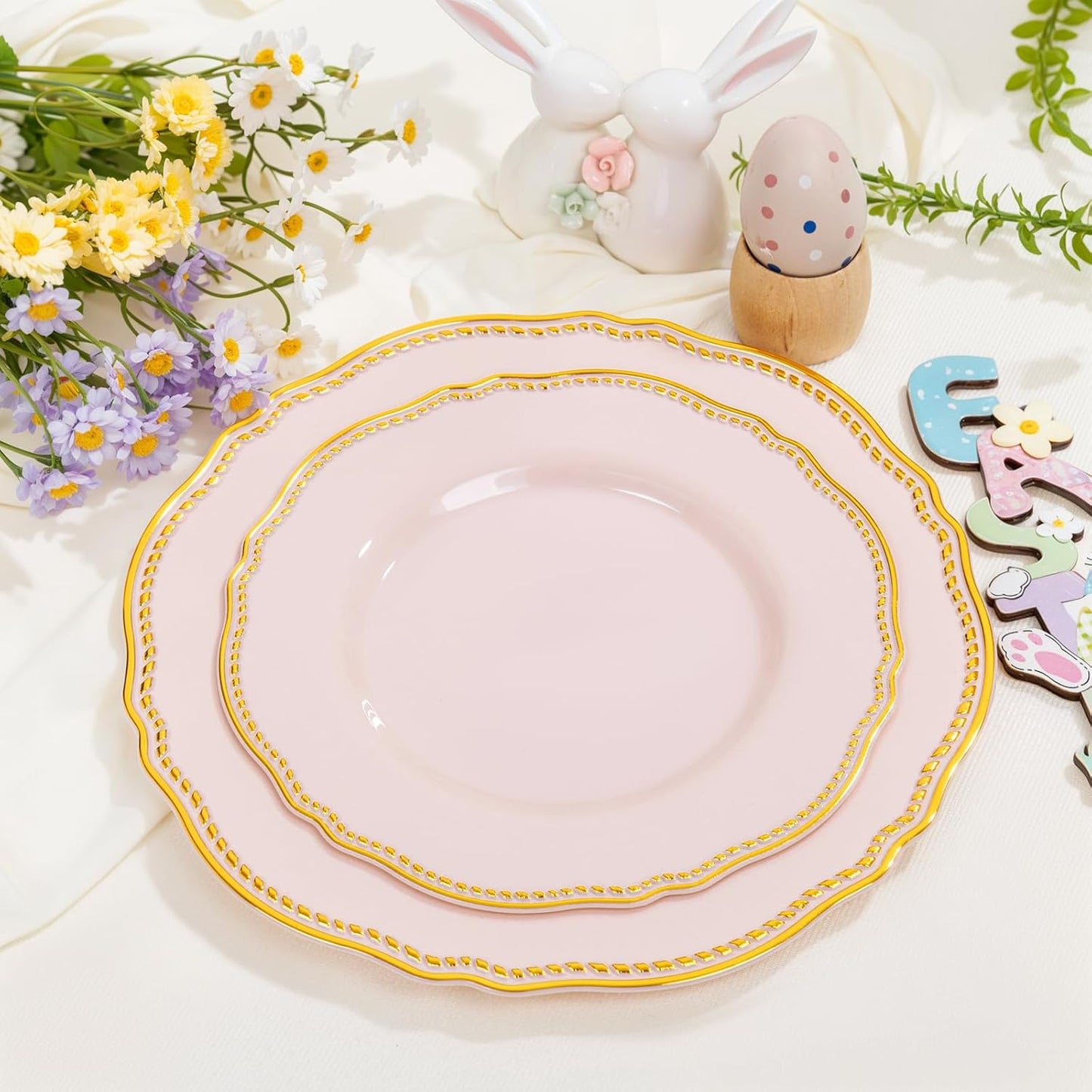Hioasis 60pcs Pink Plastic Plates - Pink and Gold Disposable Dinnerware with Gold Rim, Heavy-duty, 10.25 inch, Dinner Plates for Party & Wedding