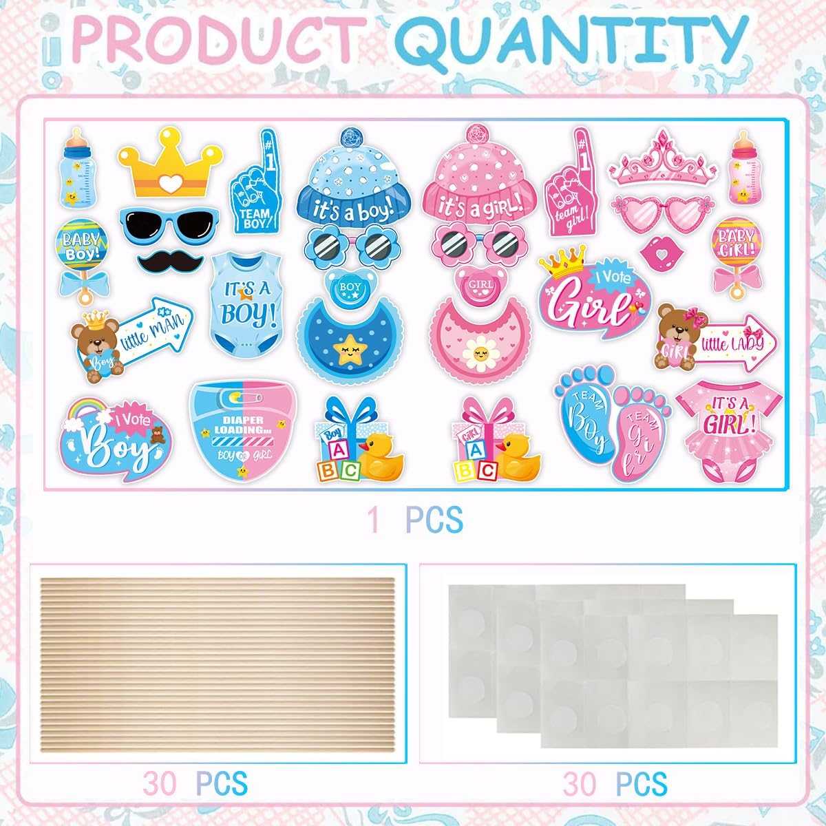 Baby Photo Booth Props, Tumwisk 30PCS Gender Reveal Decorations,Gender Reveal Photo Booth Props, Guessing Baby Boy or Girl Sign Game Props Gender Reveal Party Favors Supplies