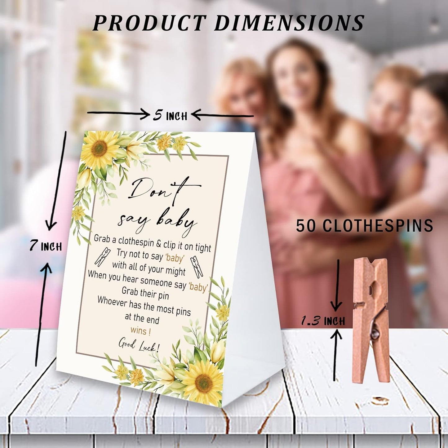 Don't Say Baby Game For Baby Shower Clothespin Game, One 5x7 Coated Paper Sign And 50 Natural Clothespins, Sunflower Theme, Gender Neutral -NDSBB11