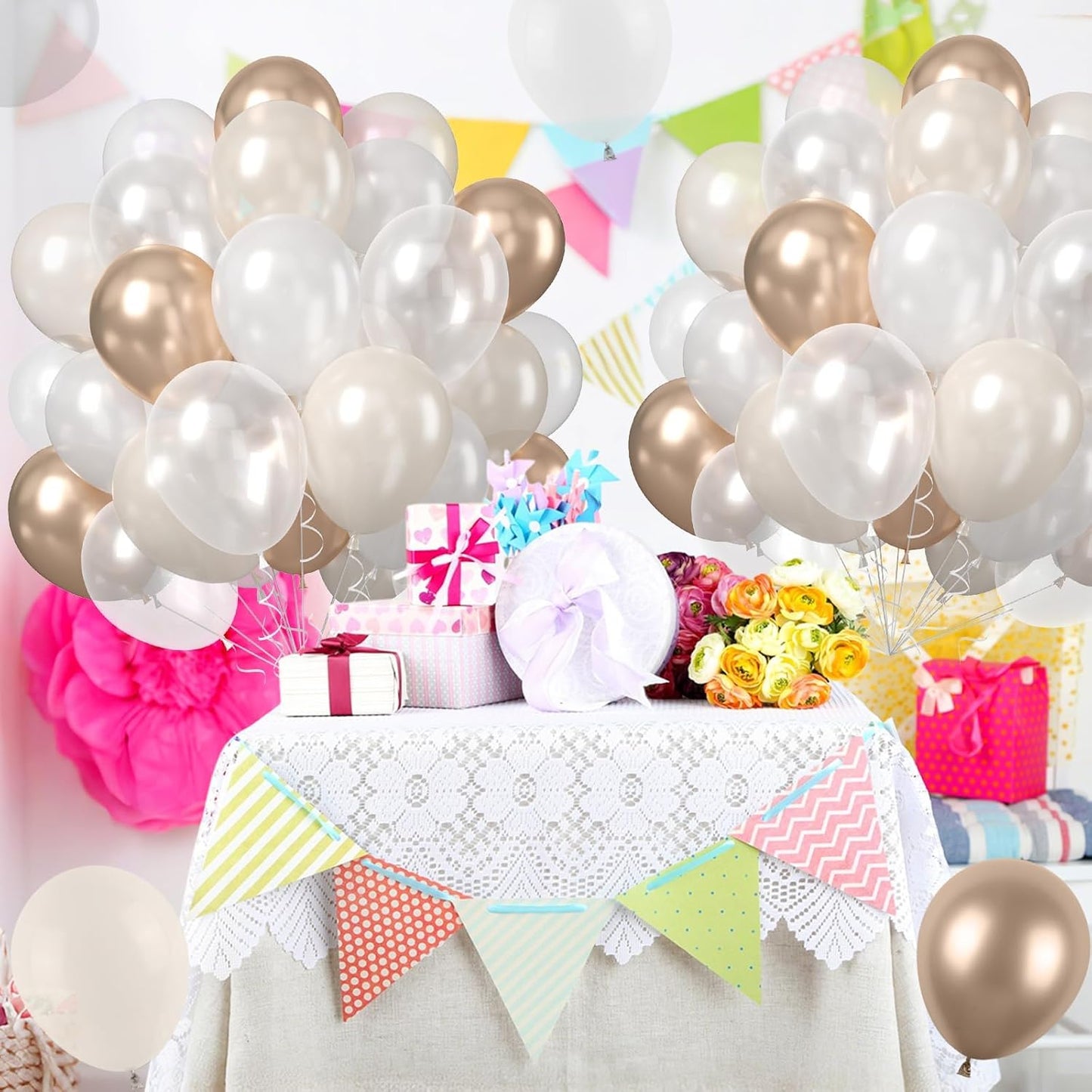 Nude White Gold Balloons, 50PCS 12inch Pearl Balloon Metallic Champagne Gold Sand Pearl White Clear Balloons for Girls Wedding Anniversary Bachelorette Party Bridal Shower Birthday Decorations