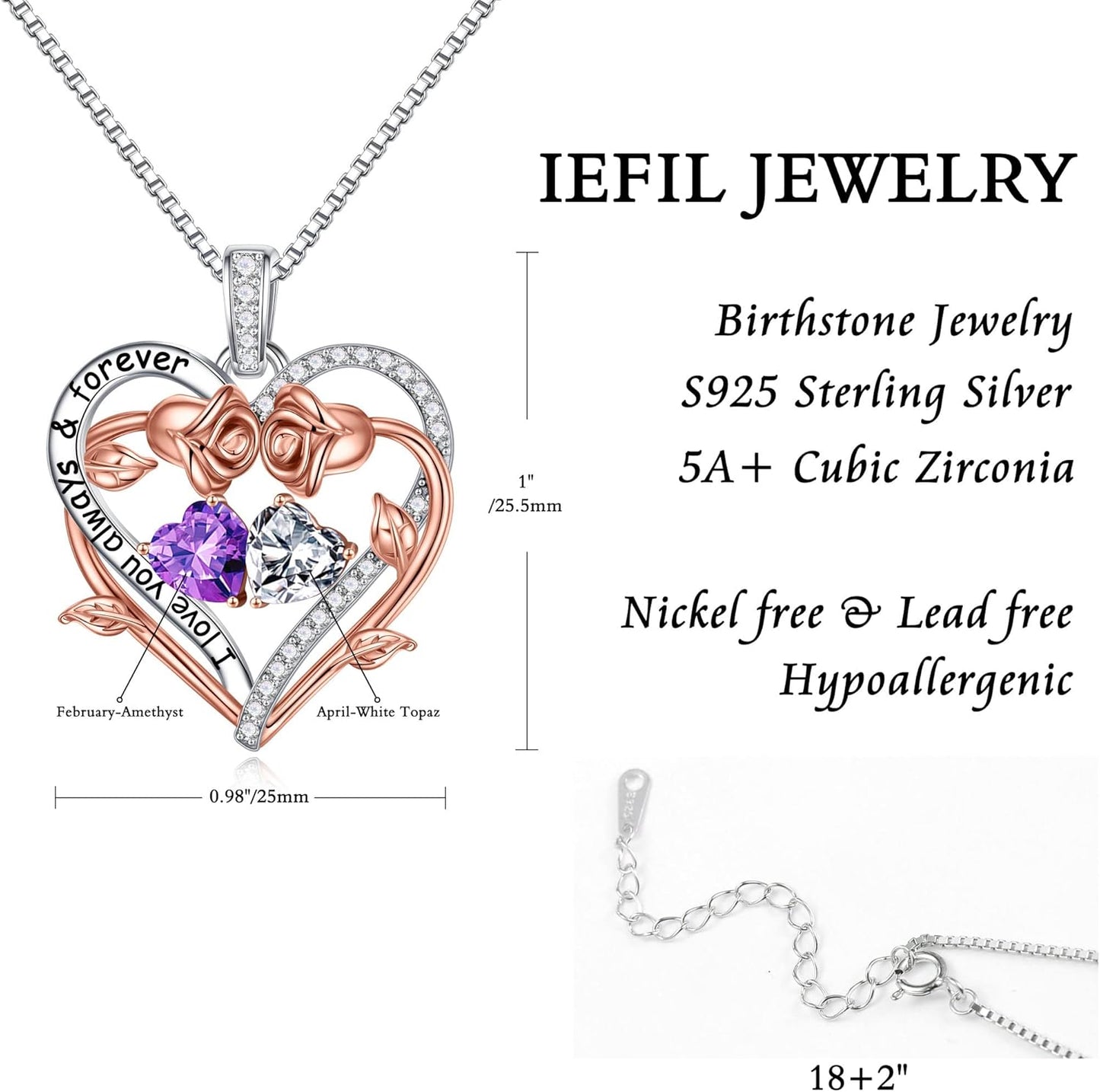 Iefil Rose Heart Double Birthstone Necklace Gifts for Wife Her Mom Women, Birthstone Jewelry Gemstone Birthday Gifts for Girlfriend Grandma Her Wife Women