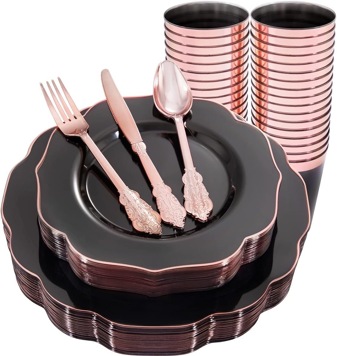 BUCLA 30Guests Clear Black Plastic Plates With Rose Gold Silverware & Cups - Rose Gold Rim Plastic Dinnerware Ideal for Party, Halloween & New Year