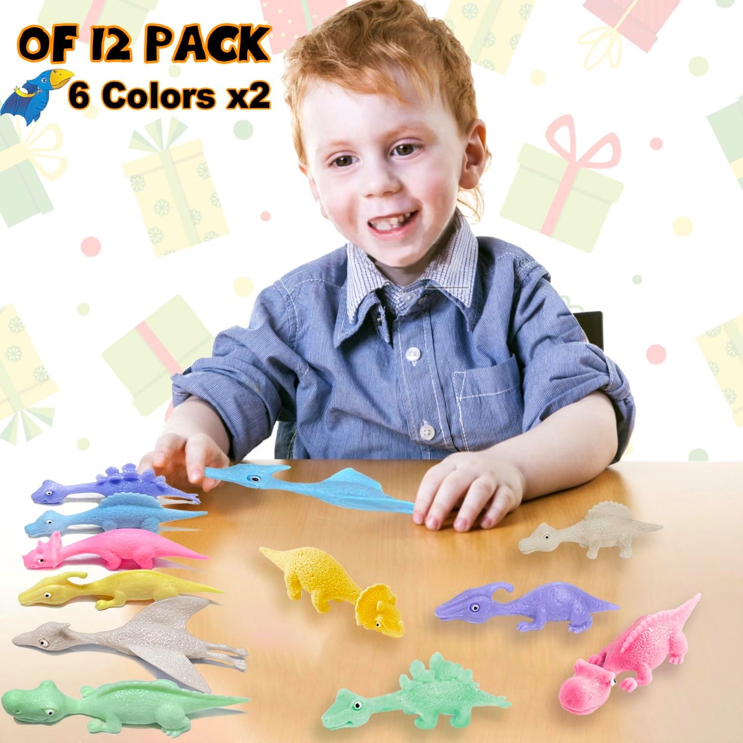 Dinosaur Toys for Kids Stocking Stuffers 12pcs Slingshot Dinosaur Finger Toys for Boys Party Favors, Bulk Flying Sticky Dino Toys for Kids Ages 3-5-7 4-8-12 Year Old Boys Girls Teens Gifts Game Prizes