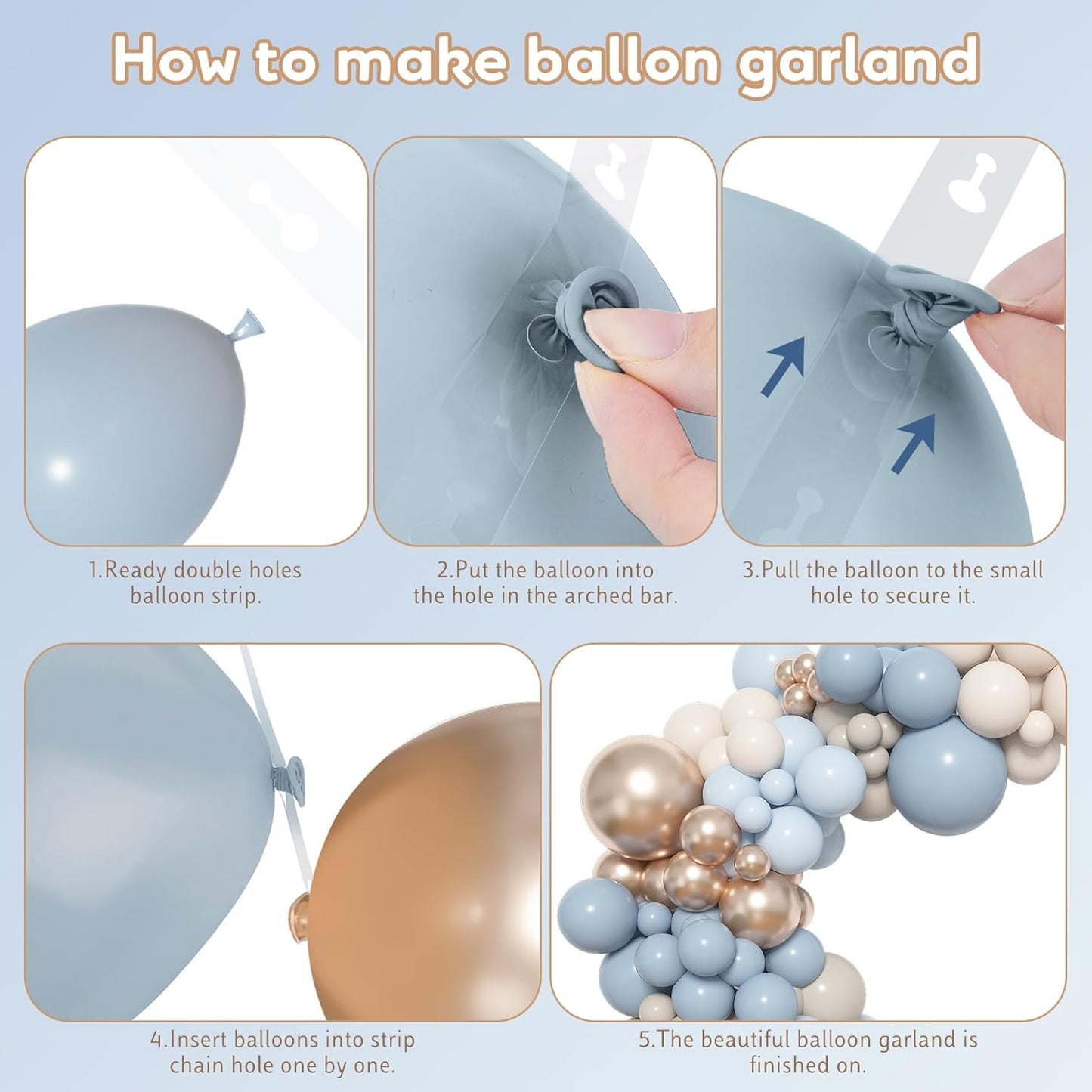 Amandir 153pcs Dusty Blue Balloon Arch Garland Kit, Different Sizes 18 12 10 5 inch White Sand Beige Cream Champagne Fog Baby Blue Balloons for Boy Baby Shower Birthday Bridal Wedding Party Decoration