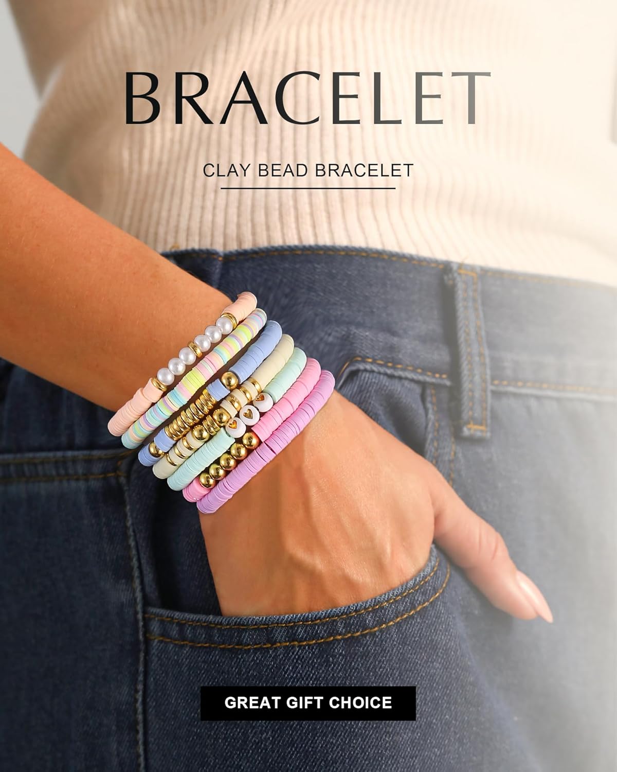 Friendship Bracelets Trendy Heishi Clay Bead Bracelets Stack Gold Beaded Stretch Bracelets for Women Boho Stackable Bracelets Bulk Cute Preppy Jewelry