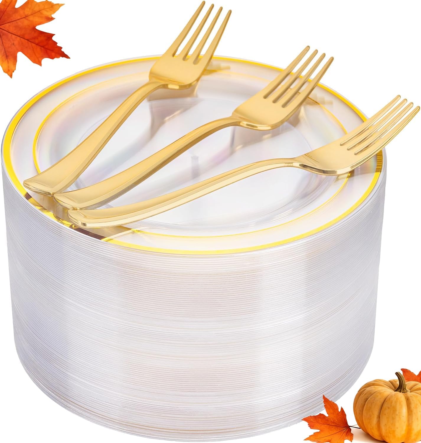 I00000 72 Pcs Clear Plastic Dessert Plates 7.5" & 72 Pcs Gold Disposable Forks 7.4", Clear Small Plates, Fancy Salad Plate,Gold Cake Plate for Thanksgiving,Christmas。Party, Occasions, Wedding