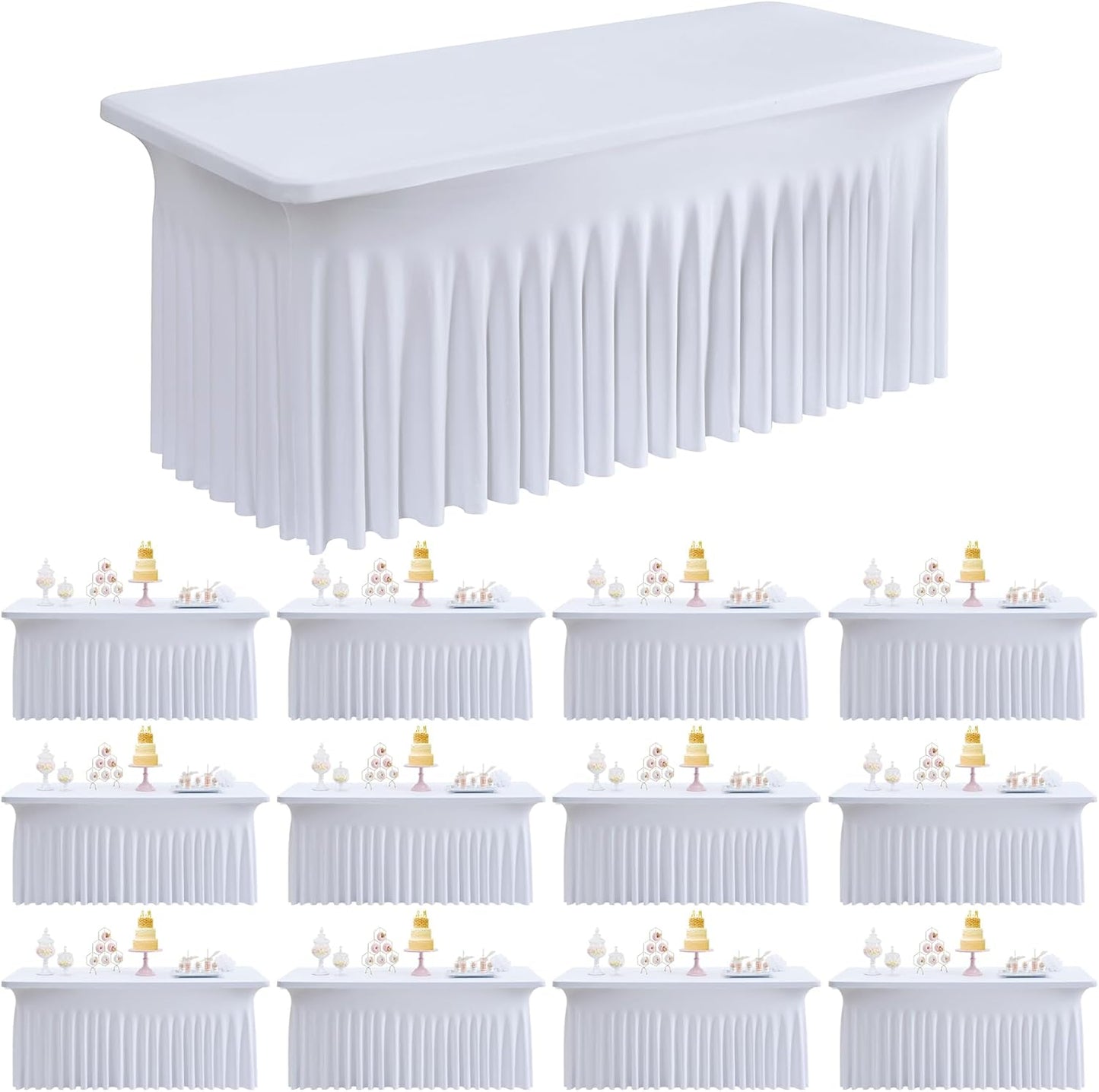 Outpain White Spandex Table Clothes for 6 Foot Rectangle Tables-12Pack 6FT Spandex Fitted Table Cover, Wrinkle Free Tablecloths with Skirt for Parties, Wedding, Birthday, Banquet, Festival