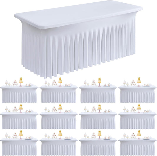Outpain White Spandex Table Clothes for 6 Foot Rectangle Tables-12Pack 6FT Spandex Fitted Table Cover, Wrinkle Free Tablecloths with Skirt for Parties, Wedding, Birthday, Banquet, Festival