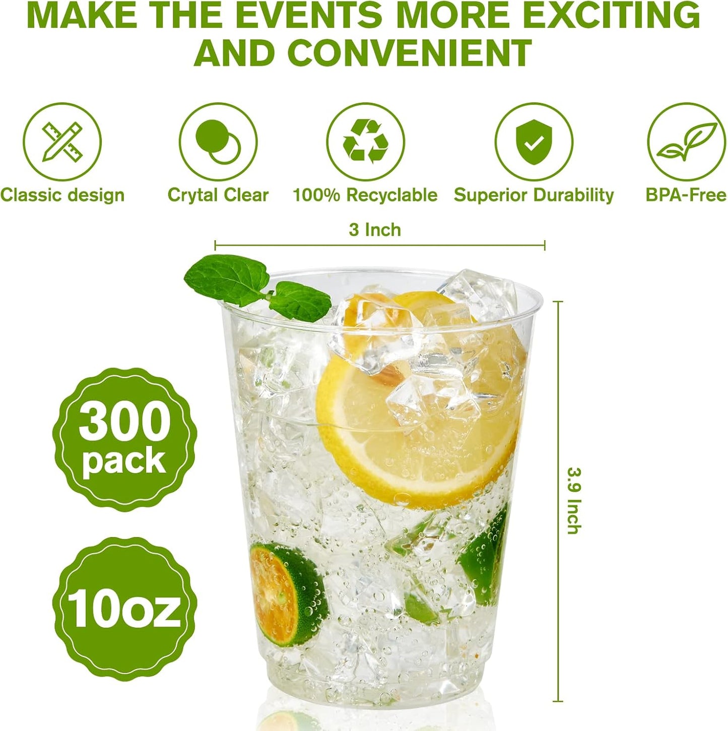 JollyPack 300 Pack Clear Plastic Cups 10 OZ Disposable Heavy-duty Hard Drinking Cups for Christmas, Wedding, Home, Dinner and other Events