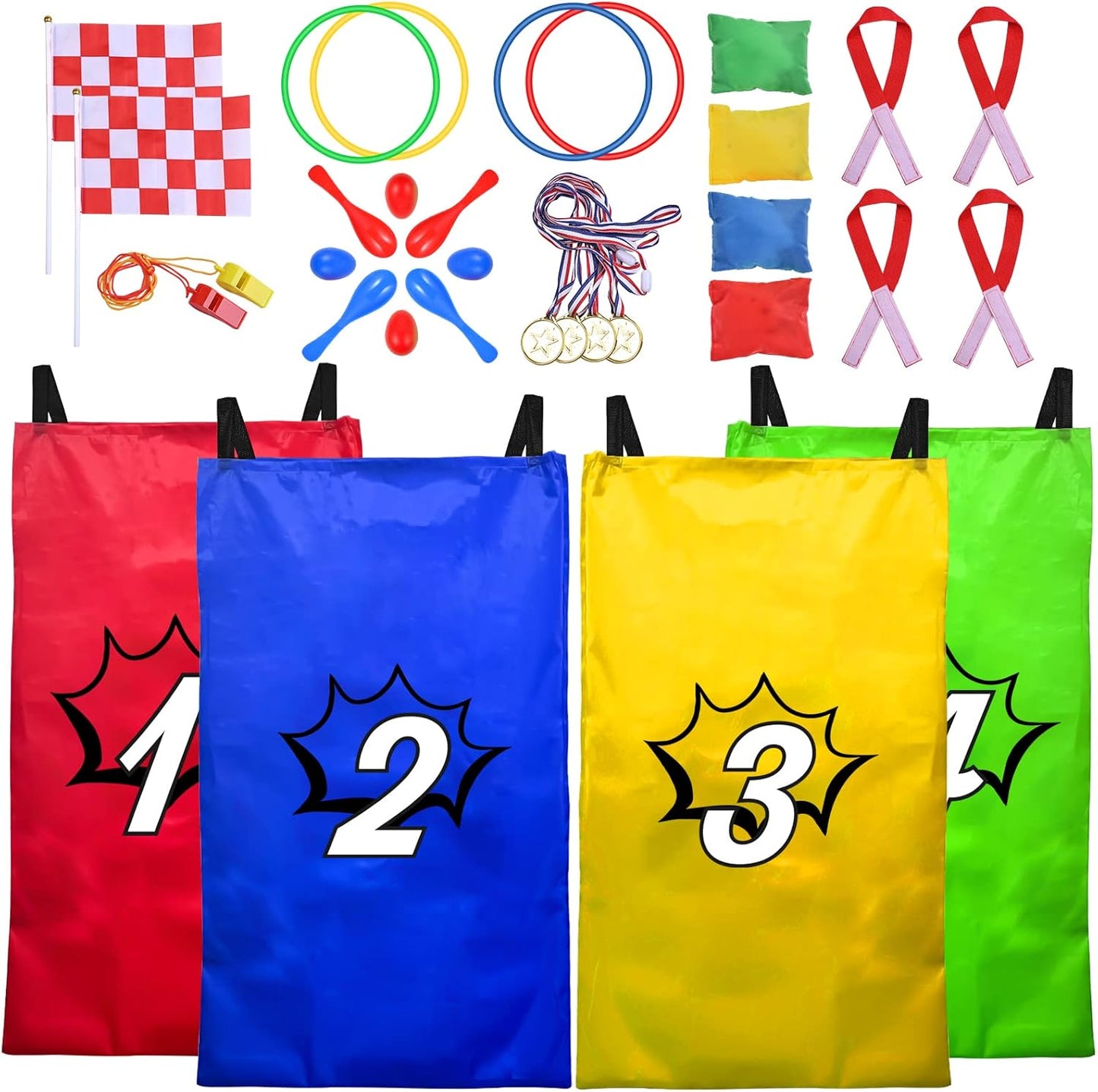 GOLDGE 28 Piece Outdoor Games Kit for Kids, Includes Potato Sack Race Bags, Bean Bag Toss, 3 Legged Race Bands, Egg Spoon Relay, for Easter & Birthday Parties