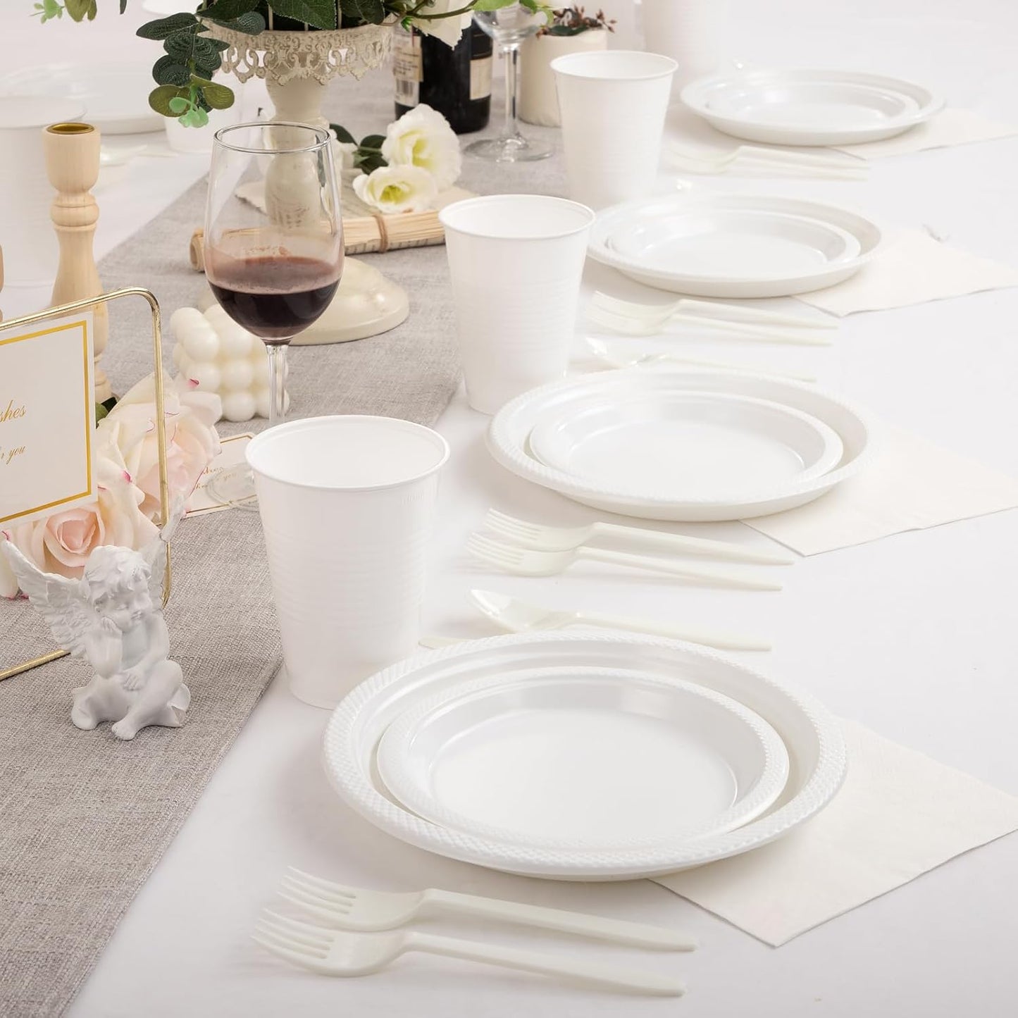 WELLIFE 210 Pieces White Party Supplies, White Plastic Dinnerware Set, Including Plates, 12OZ Cups, Plastic Cutlery and Paper Napkins Serve 30 Guests for Party