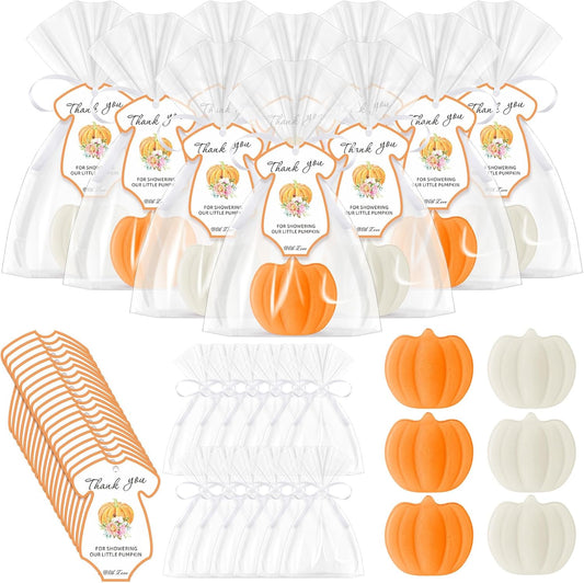 48 Sets Thanksgiving Pumpkin Soap Baby Shower Favor Thanksgiving Bridal Shower Favors Mini Pumpkin Soap Thanks Card Gift Bag with Ribbon for Autumn Guest Wedding Party Decor Gifts(White and Orange)