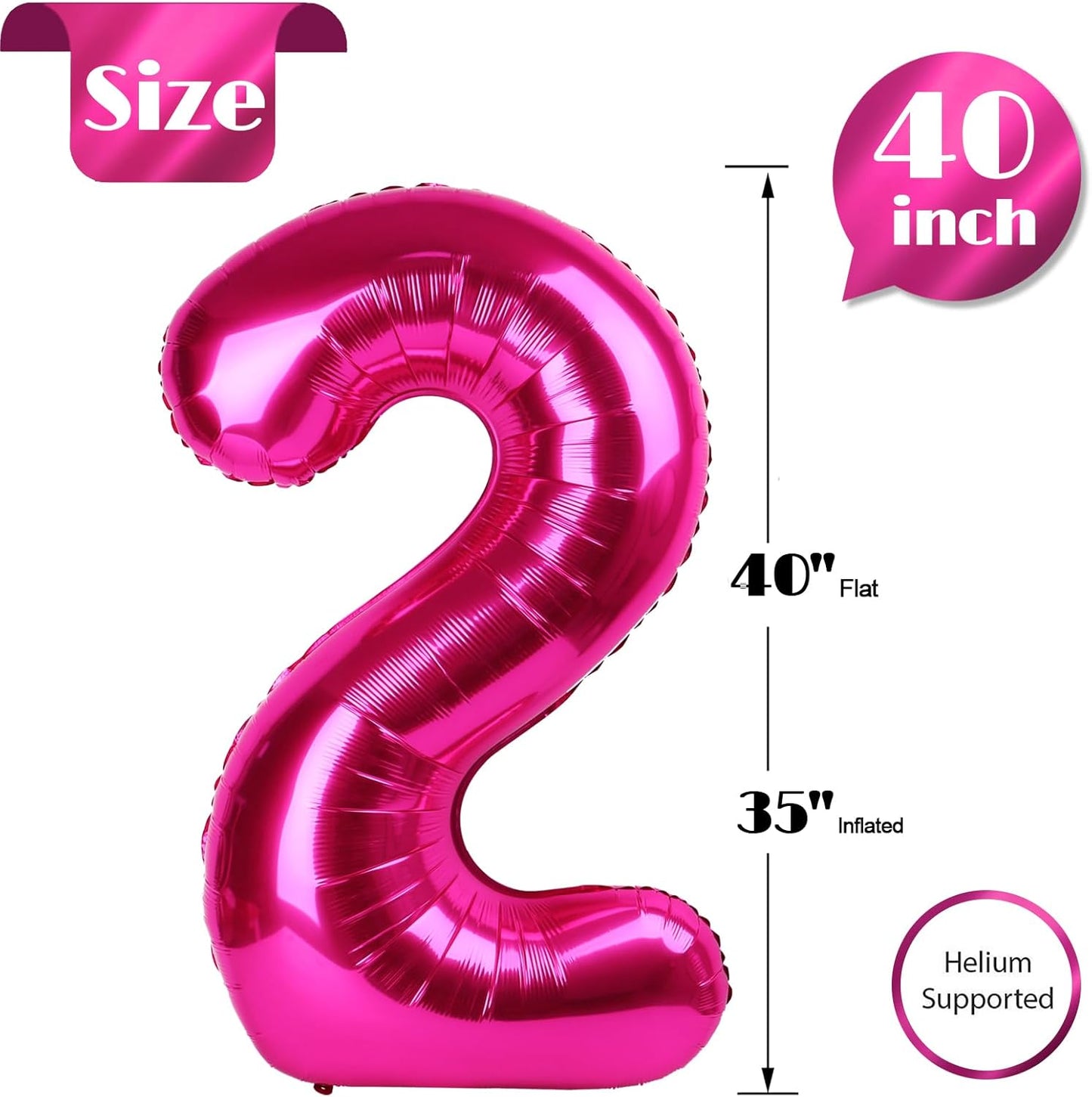 Hot Pink 2 Balloon, Number Balloons 40 Inch, 2nd Balloon Number Birthday Decorations, Second Two Birthday Party Supplies, Number 2 Balloon