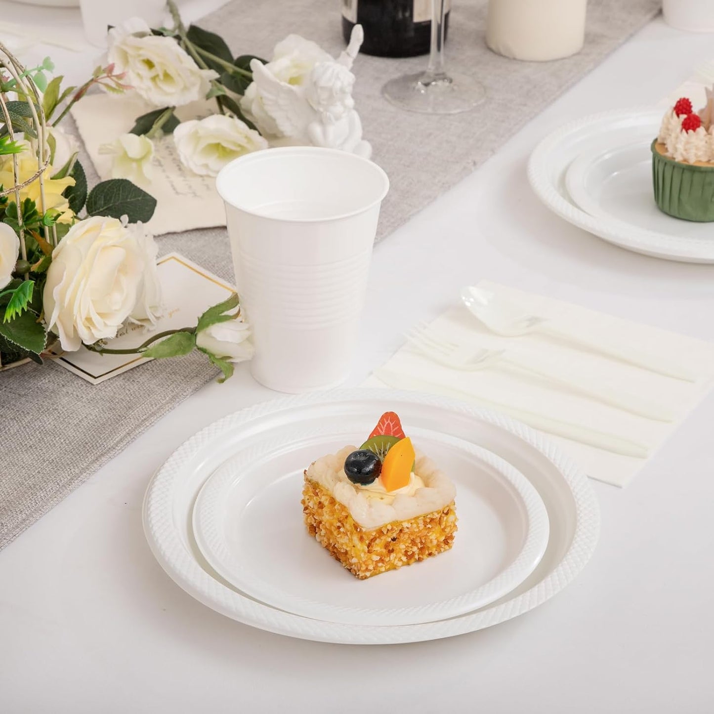 WELLIFE 210 Pieces White Party Supplies, White Plastic Dinnerware Set, Including Plates, 12OZ Cups, Plastic Cutlery and Paper Napkins Serve 30 Guests for Party