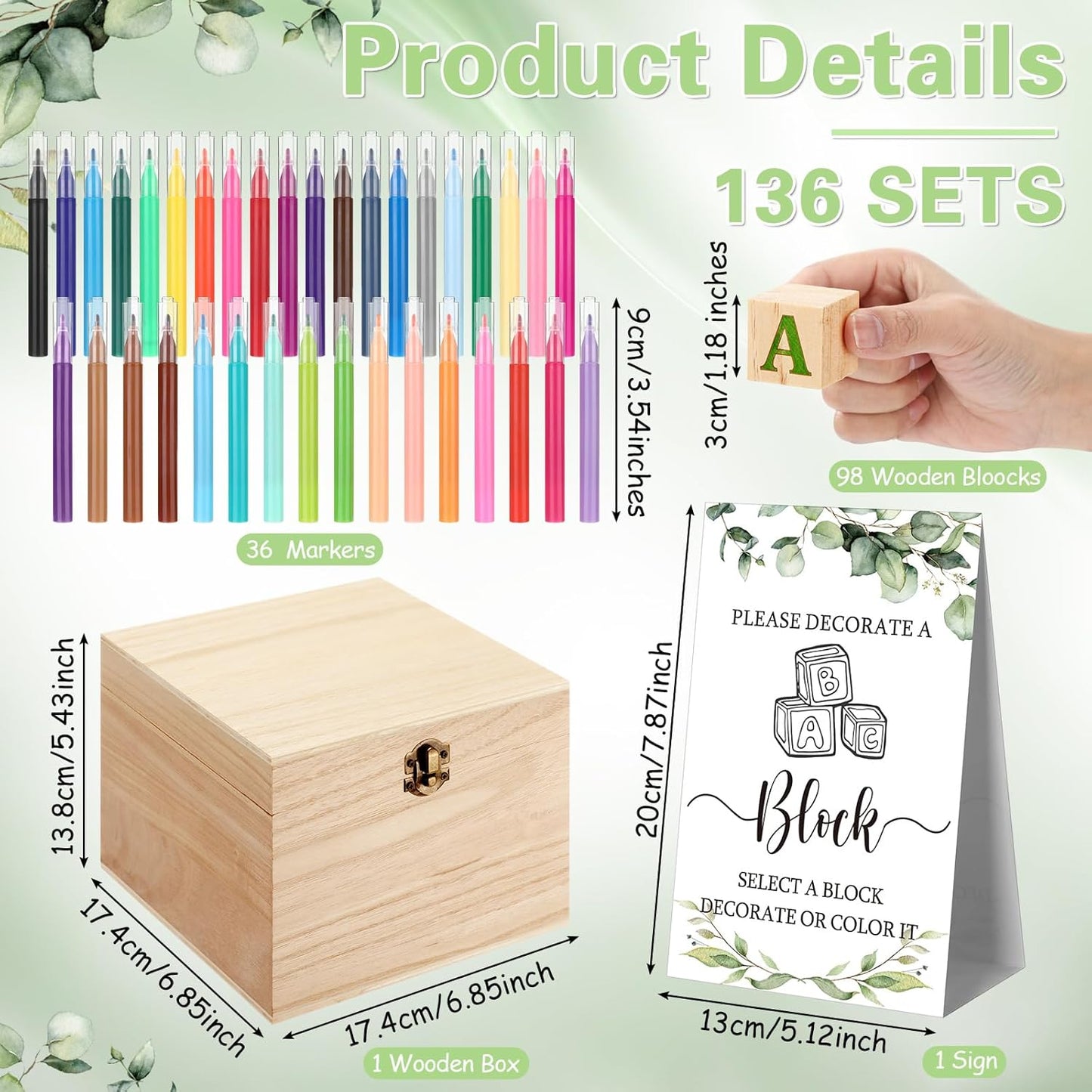 Marsui 136 Pcs Baby Shower Blocks to Decorate Game Kit Includes 98 Wooden Blocks, 36 Markers, 1 Game Sign, 1 Storage Box for Baby Shower Gender Reveal Activity Party Decorations(Leaf)
