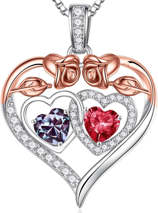 Iefil Double Birthstone Necklace Gifts for Wife Girlfriend Her Women, Birthstone Jewelry Gemstone Valentines Birthday Gifts for Her Women Wife Mom Grandma