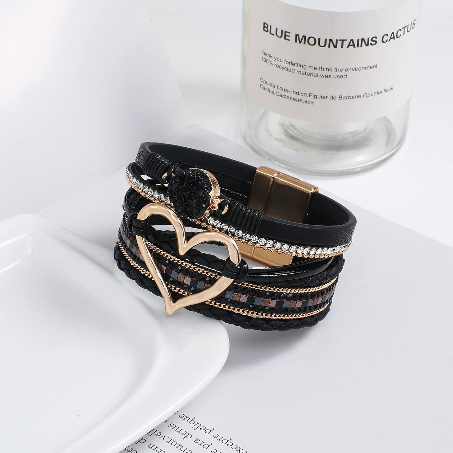 Leather Wrap Bracelet for Women Beaded Cuff Bracelet with Heart-shape Decor Bohemian Crystal Bracelet Jewelry with Clasp Bangle Bracelet for Women Girls Birthday Holiday Gift