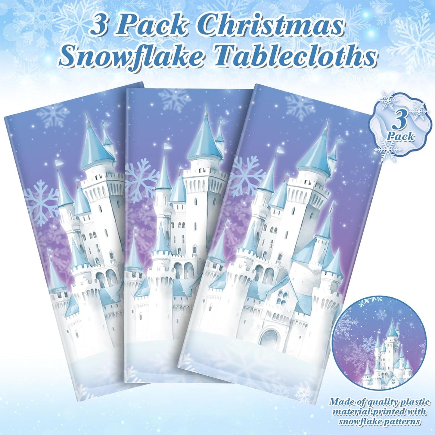 3 Pack Winter Snowflake Plastic Tablecloths, 54 x 108 Inch Frozen Tablecloth Blue and Purple Snowflakes Table Cover, Winter Wonderland Table Cloth for Christmas Holiday New Year Party Supplies Decor