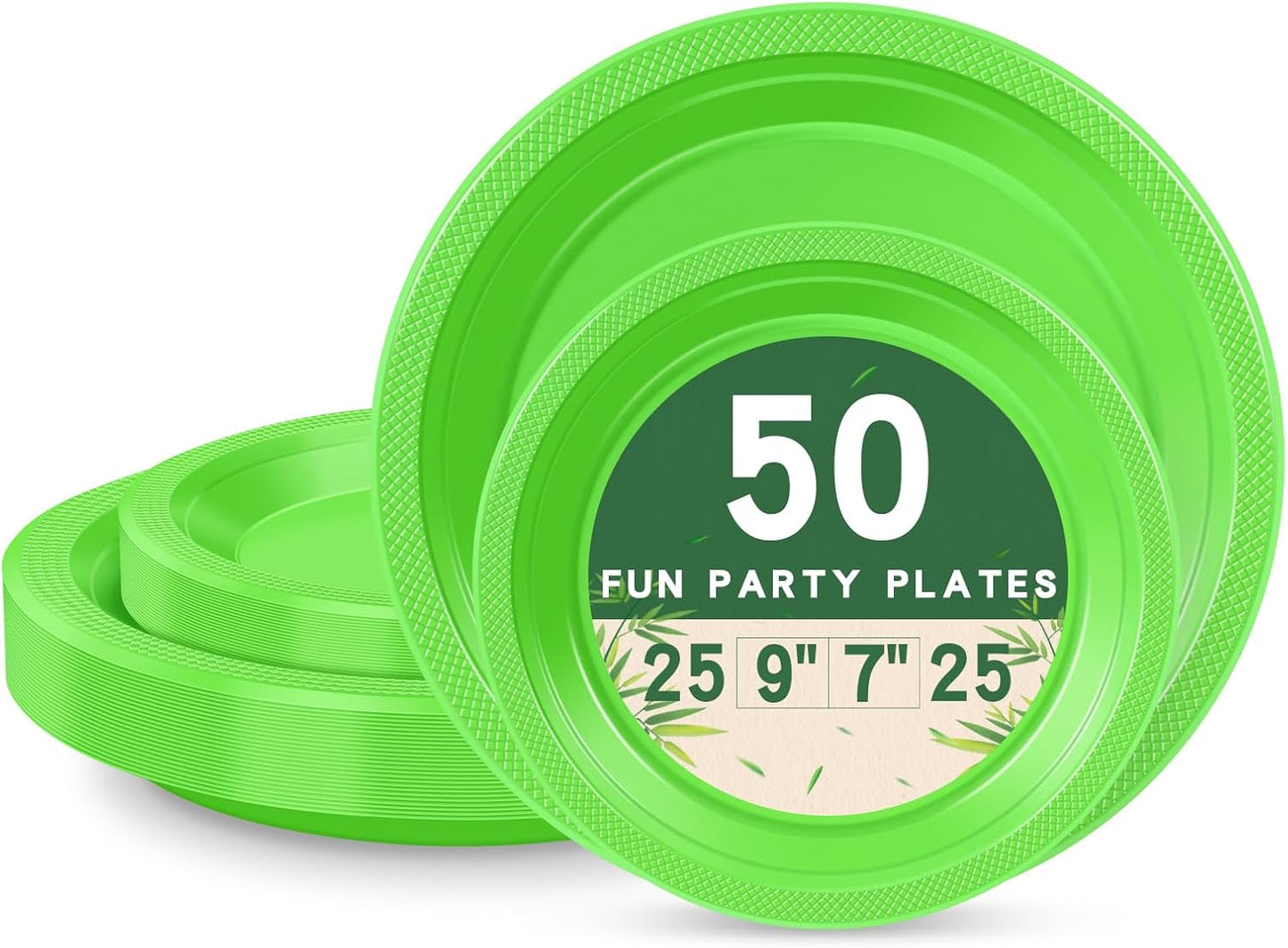 50 Lime Green Plastic Plates For Party, Includes 25-9" & 25-7" Cake Dessert Plastic Dinner Plates Disposable For Party Supplies
