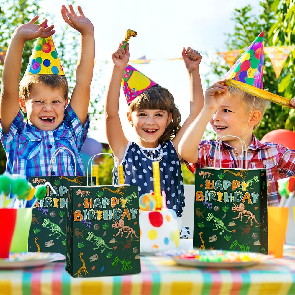 24 Pcs Dinosaur Goodie Bags with Handles - T rex Dino Theme Candy Party Favor Gift Kraft Paper Bags for Kids Boys, Birthday Party Supplies, and Baby Shower Decorations.