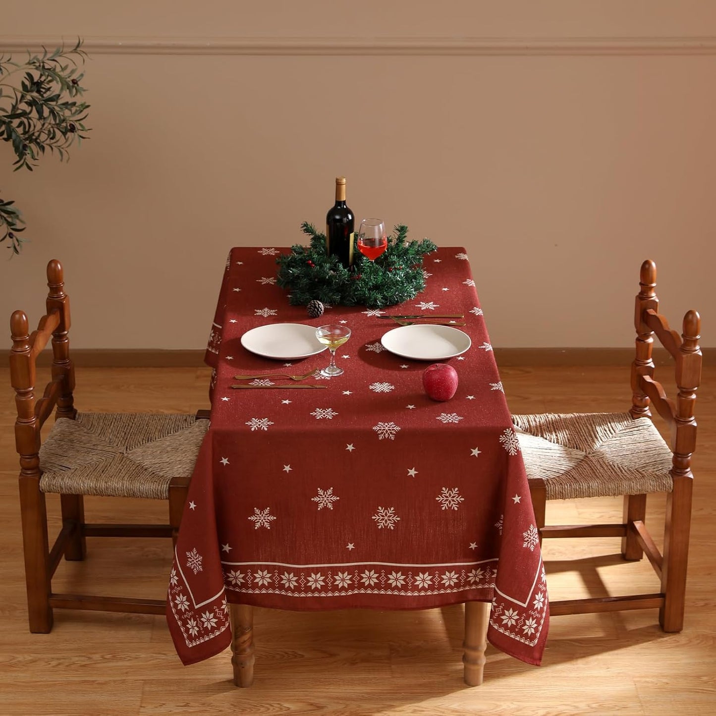 ISAENNE Designer Christmas Red Extra Long Rectangle Tablecloth,Linen Table Cloth with Snowflakes Pattern,Wrinkle Resistant Decor Tablecloths for Dining Kitchen Thanksgiving,67"*118"-Carol C