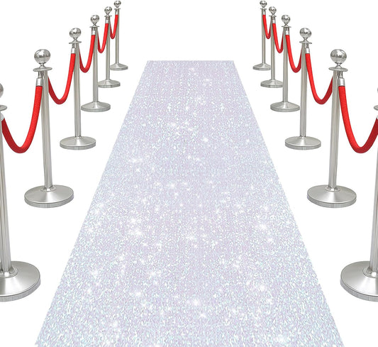 PartyDelight Wedding Aisle Runner Iridescent White 2.6FTx15FT Sequin Carpet Sparkly Rug for Ceremony Indoor Outdoor Engagement Decoration