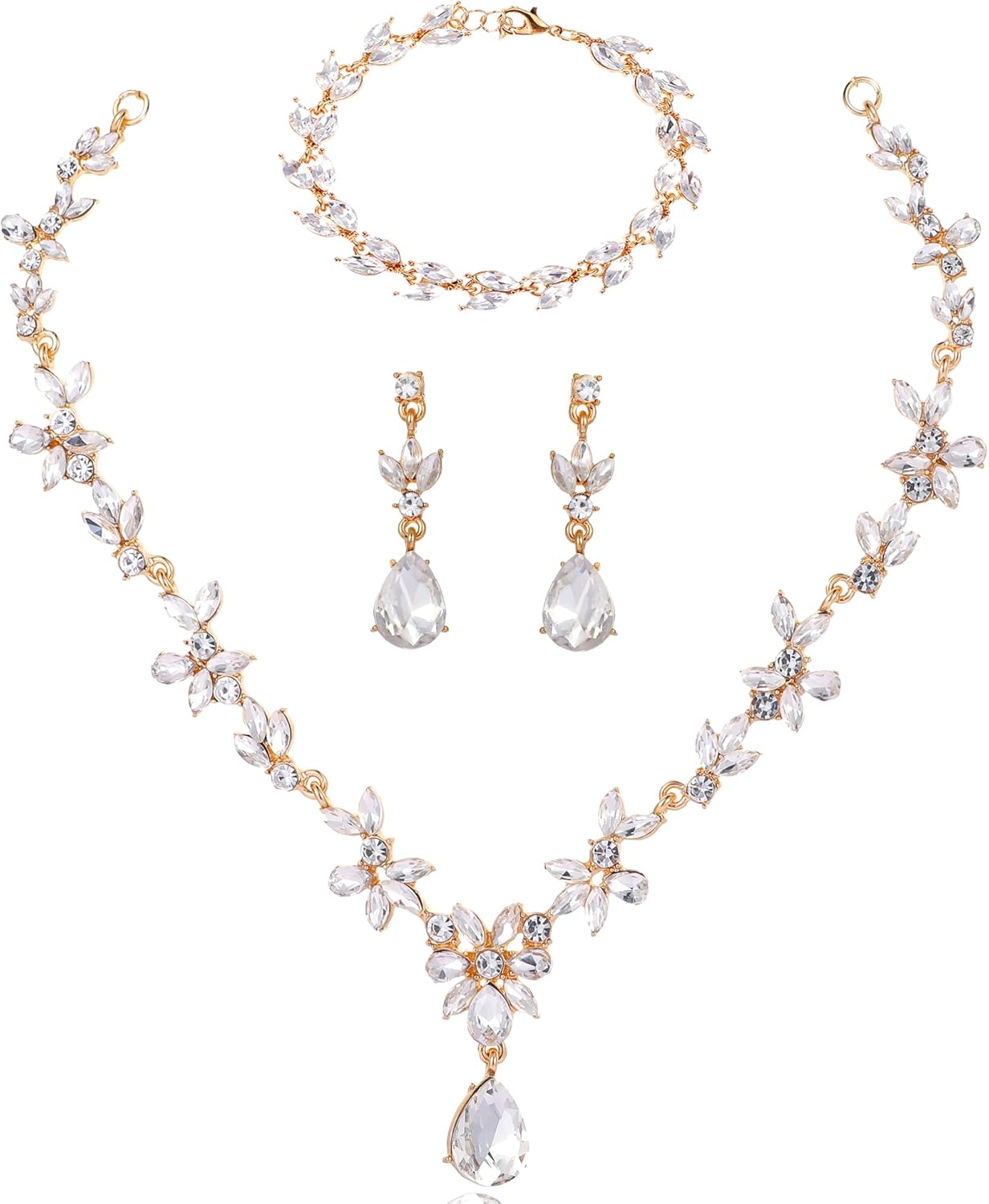 Kamirola Bridal Jewelry Set, Jewelry Set for Women, Necklace Dangle Earrings Bracelet Set, White Gold Plated (TR76)