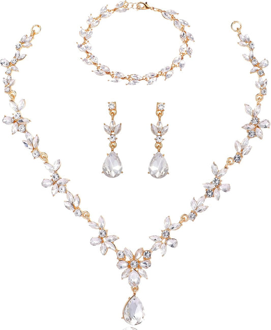 Kamirola Bridal Jewelry Set, Jewelry Set for Women, Necklace Dangle Earrings Bracelet Set, White Gold Plated (TR76)