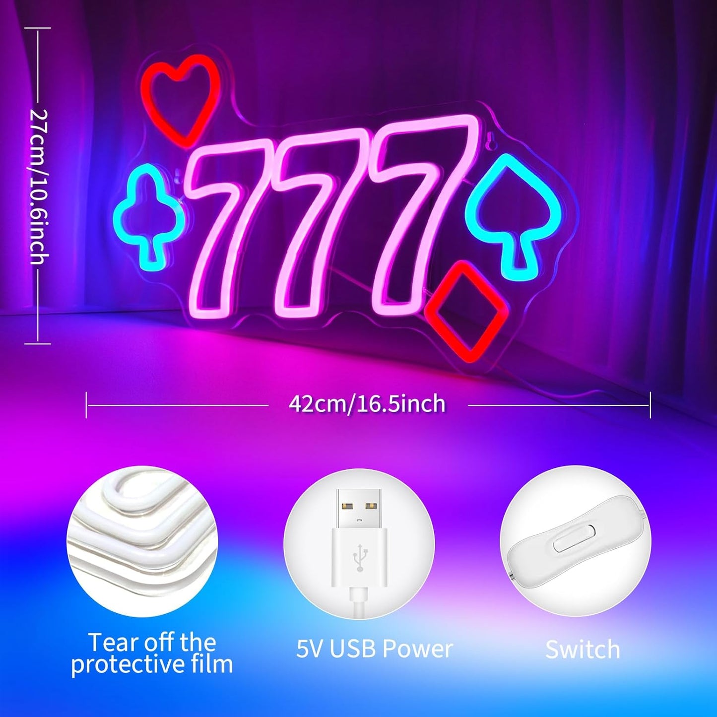 777 Casino Neon Signs for Wall Decor Pink LED Light Sign for Poker Room Decor Light Up Sign for Birthday Party Decoration USB Powered
