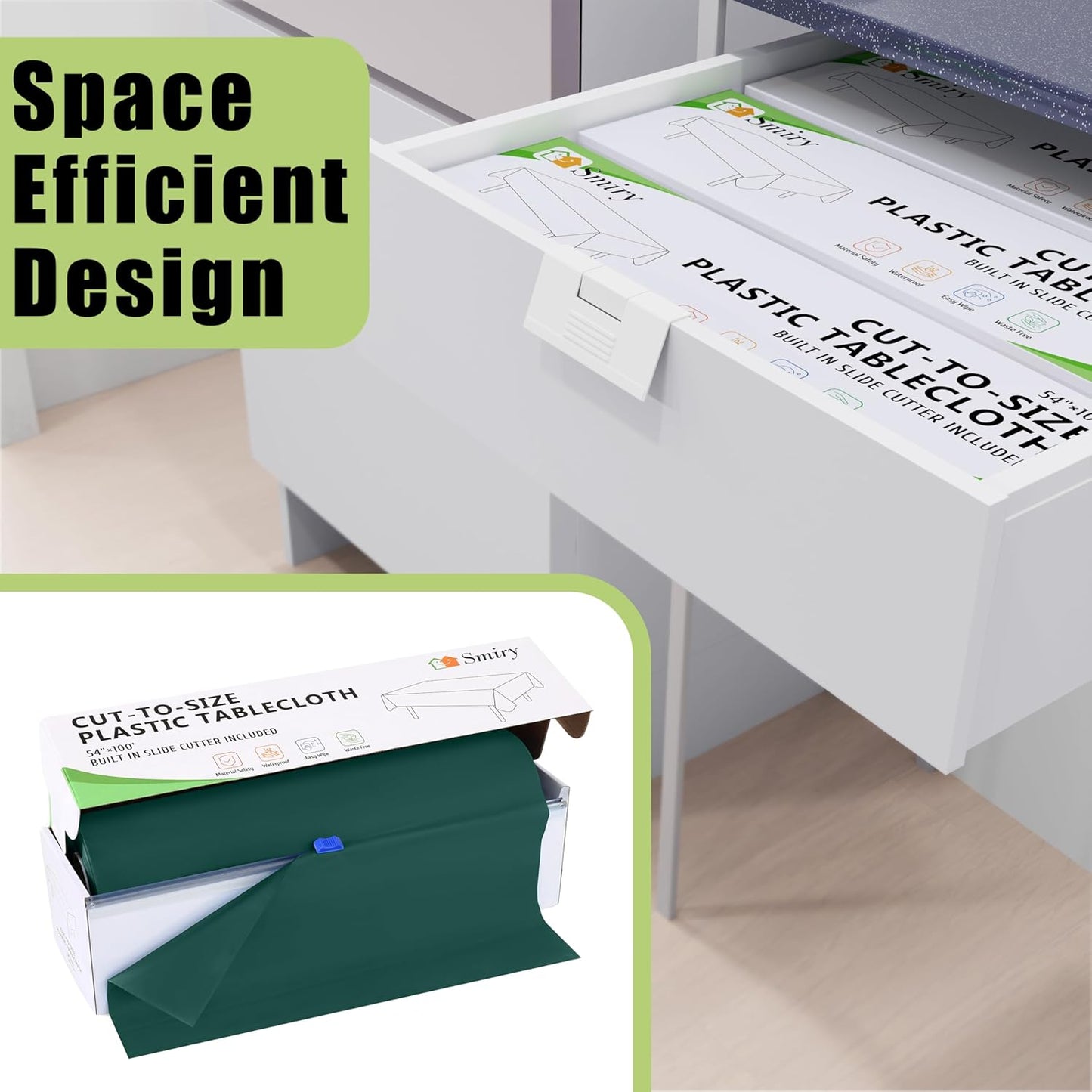 Smiry 54 Inch x 300 Feet Disposable Table Cover Roll, Christmas Green Plastic Table Cloth in Cut-to-Size Box with Slide Cutter, Waterproof Rectangle Tablecloths for Weddings, Banquets, Outdoor