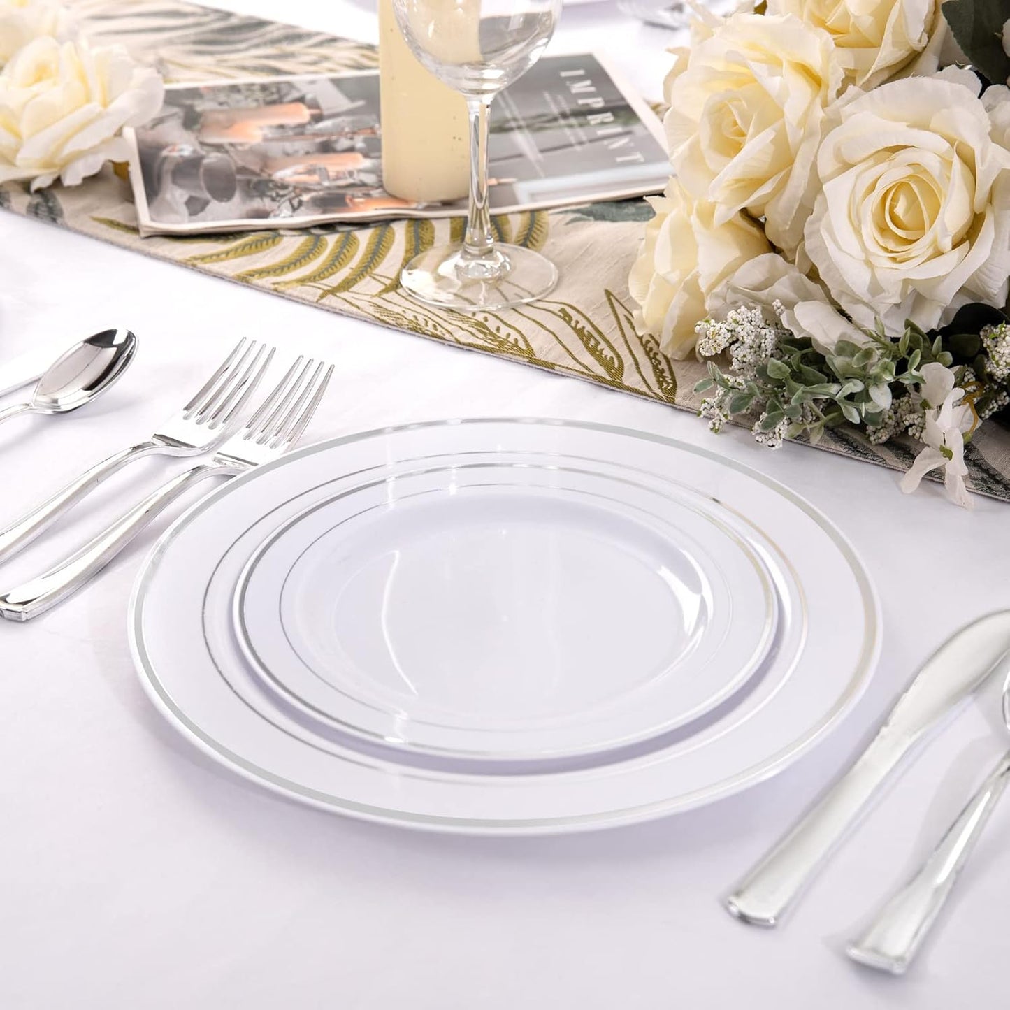 I00000 60pcs Silver Plastic Plates, Disposable Plastic Party Plates with White Silver Rim Heavy Duty Fancy Wedding Party Plates Include 30 Dinner Plates 10.25" and 30 Dessert Appetizer Plates 7.5"