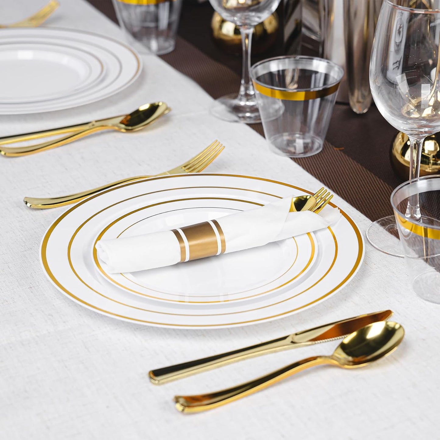 350PCS Gold Plastic Plates Dinnerware Set, Thanksgiving Disposable Plates, 50 Dinner and 50 Dessert Plates, 50 Pre Rolled Napkins with Silverware and 50 Cups for Party and Wedding