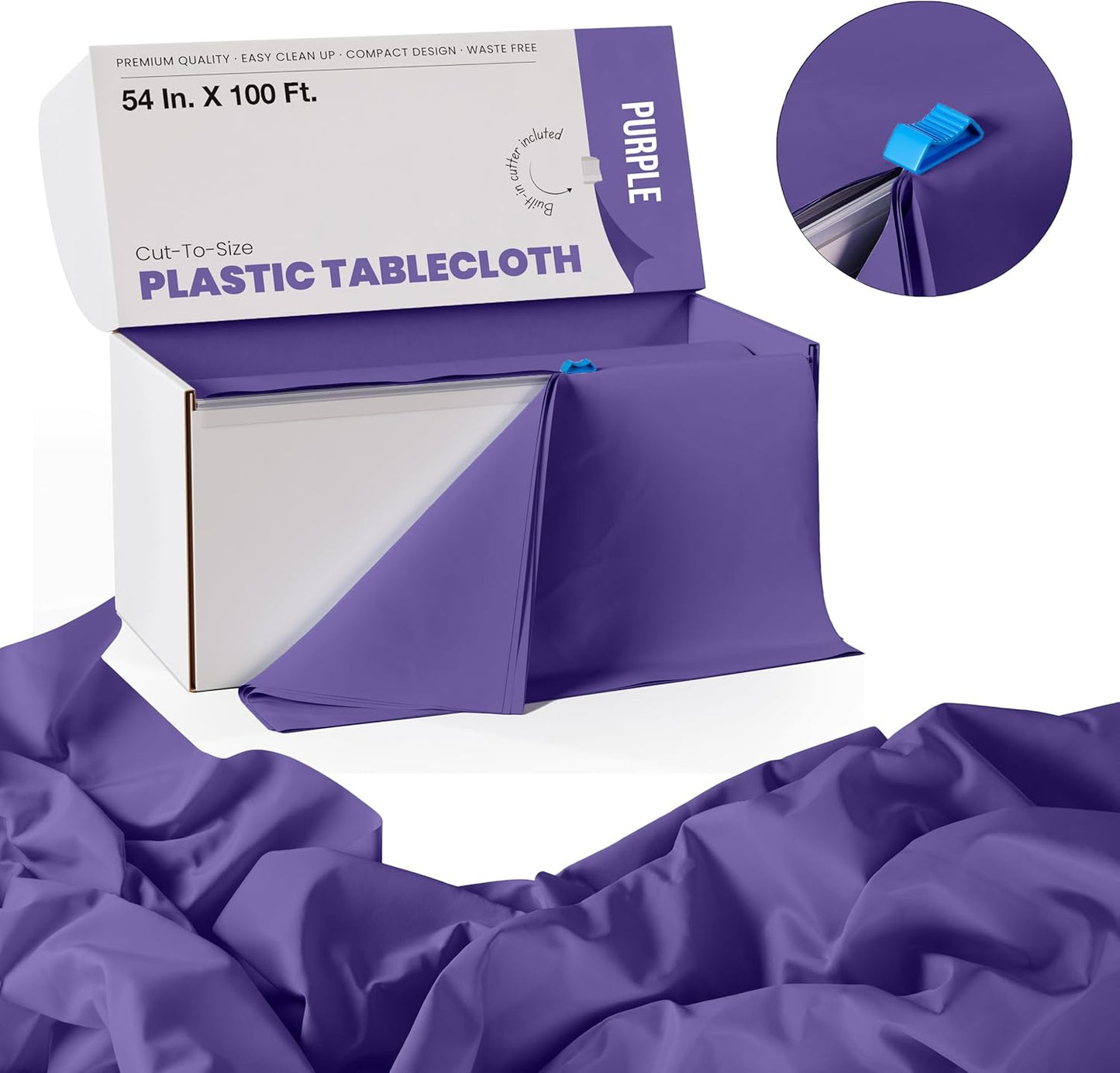 Party Solids 54 Inch X 100 Feet Purple Plastic Table Cover Roll in A Cut - to - Size Box with Convenient Slide Cutter. Cuts Up to 12 Rectangle 8 Feet Plastic Disposable Tablecloths