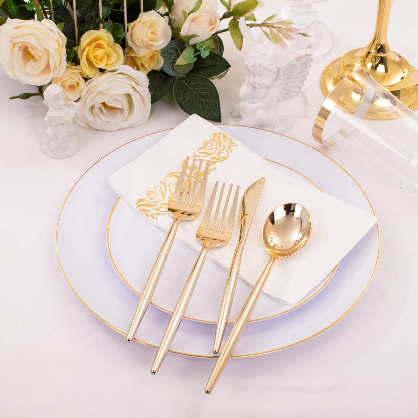 MirthMood 350Pcs White and Gold Dinnerware Set, Gold Party Plates Includes:50 Dinner Plates, 50 Dessert Plates, 150 Gold Plastic Cutlery,50 Paper Towels & 50 Cups