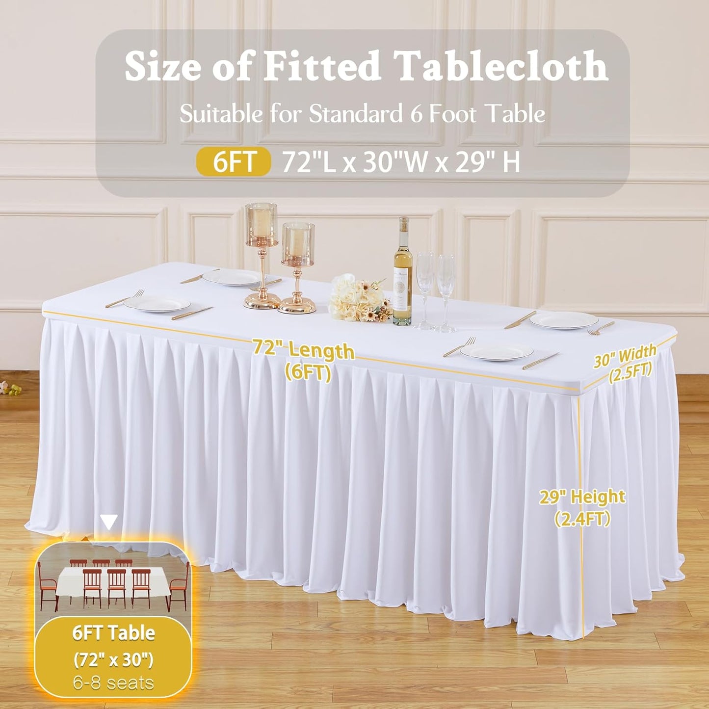 2 Pack White Rectangle Tablecloth 6 FT Stretch Spandex Fitted Table Cloth for 6 Foot Rectangle Tables Banquet Tablecloths Wrinkle Free Table Cover Stitch Ruffle Table Skirt for Party Wedding Birthday